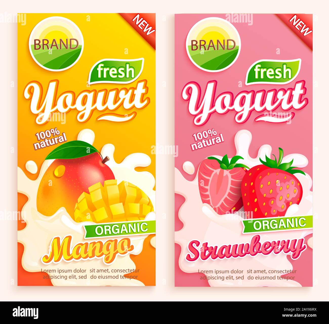 encerrar Hablar con Reducción Juego de etiquetas de yogur de mango y fresa. Splash Imagen Vector de stock  - Alamy