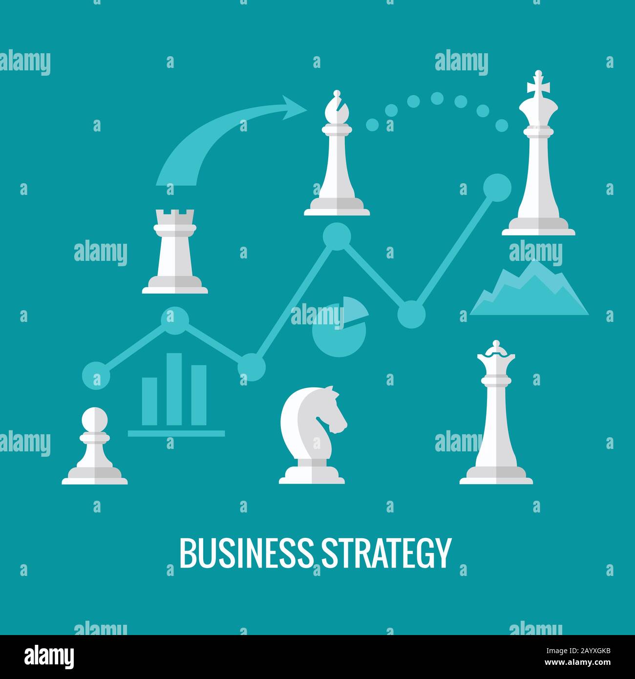 Estrategia de negocios con concepto de vector plano de ajedrez. Estrategia de ajedrez para negocios, ilustración infográfica y estrategia de planes Ilustración del Vector
