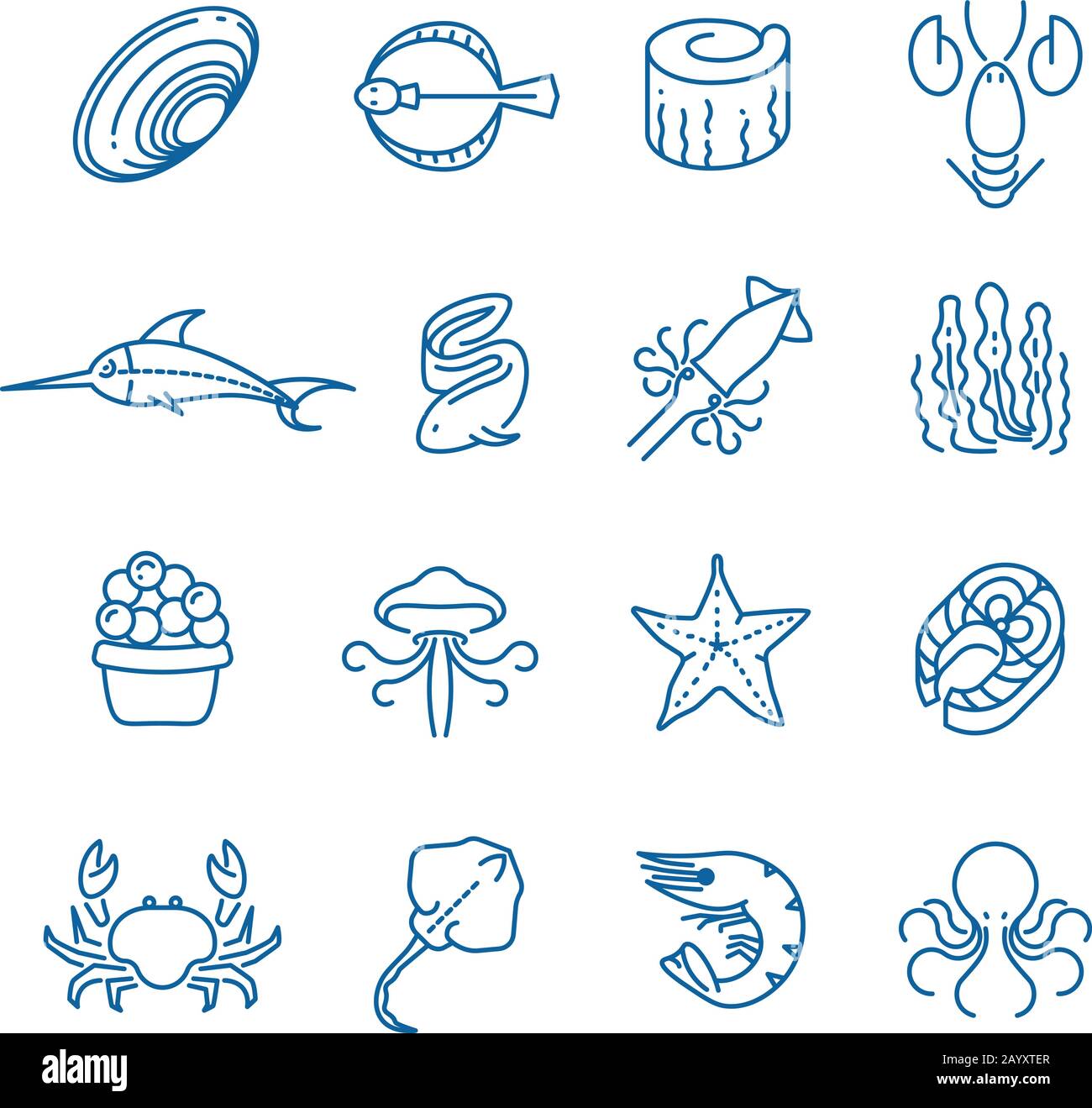 Mariscos, peces línea delgada de los iconos vectoriales. Ilustración de fauna y flora marinas Ilustración del Vector