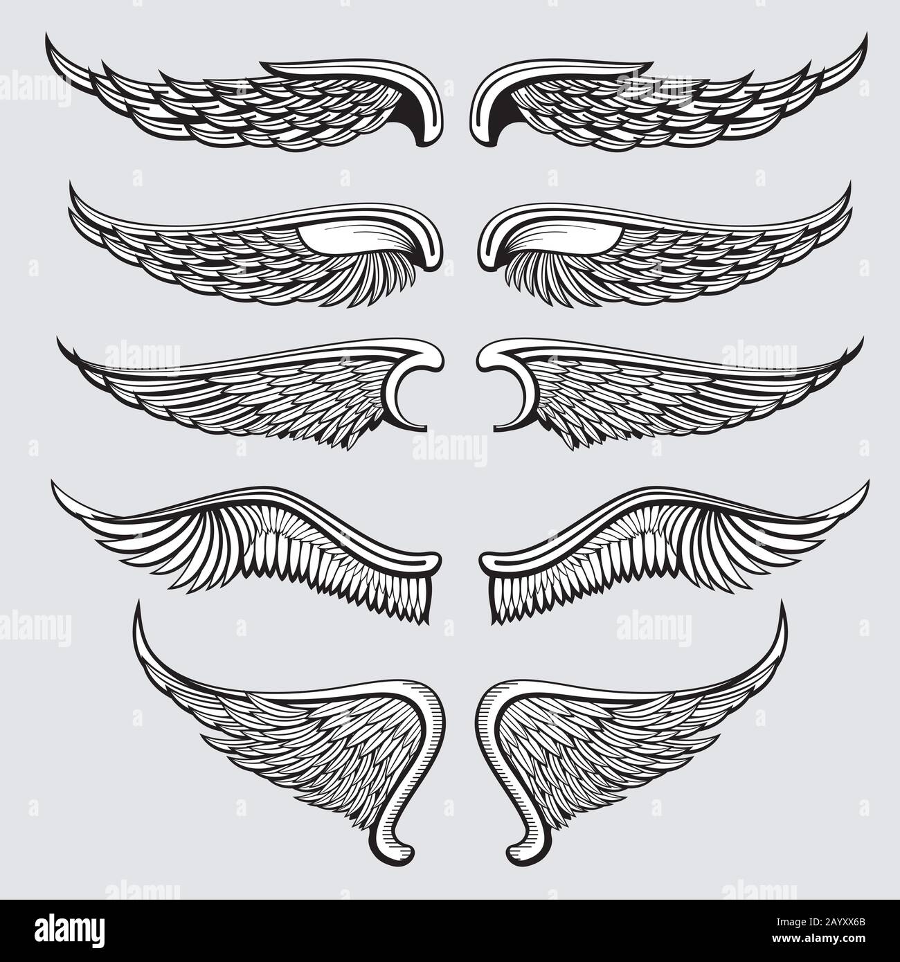 Pájaro heráldico, juego de vectores de alas de ángel. Alas ángel tatuaje, ilustración alas góticas águila Imagen Vector de stock - Alamy