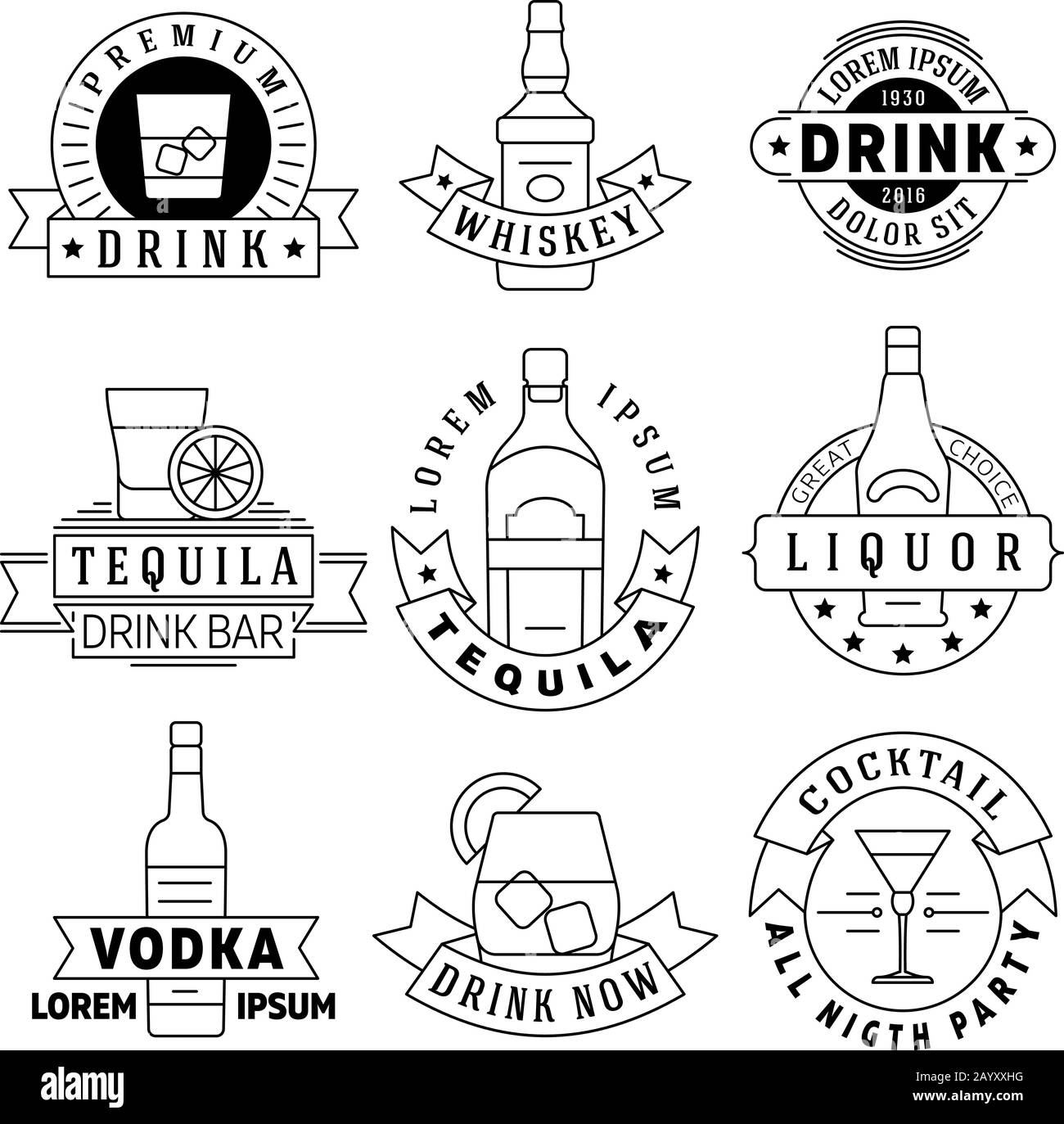 Bebidas alcohólicas vector emblemas, insignias, conjunto de logotipos. Alcohol bebida whisky y tequila, etiquetas para vodka y licor Ilustración del Vector