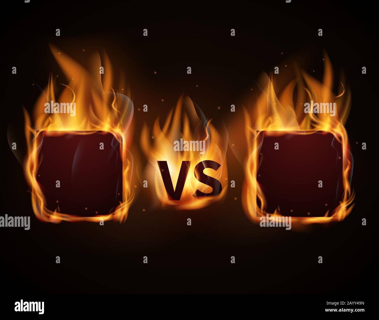 Frente a pantalla con cuadros de fuego y vs letras. Flaming VS pantalla para duelo y confrontación. Ilustración vectorial Ilustración del Vector