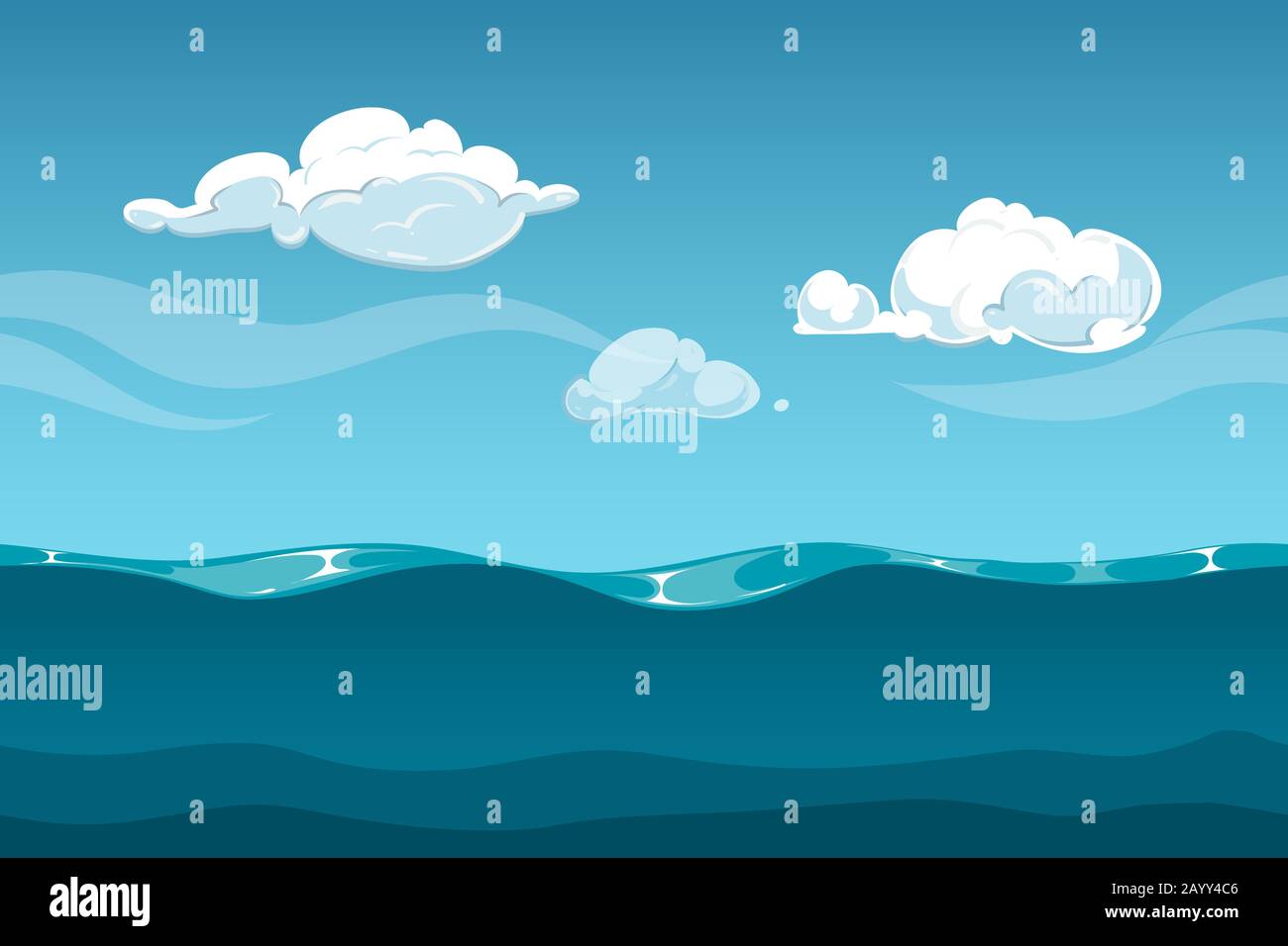 Paisaje de dibujos animados marinos o oceánicos con cielo y nubes. Fondo de olas de agua sin costuras para el diseño de juegos de ordenador. Paisaje con olas de agua e ilustración Paisaje de dibujos animados marinos o oceánicos con cielo y nubes. Fondo de olas de agua sin costuras para el diseño de juegos de ordenador. Paisaje con olas de agua e ilustración