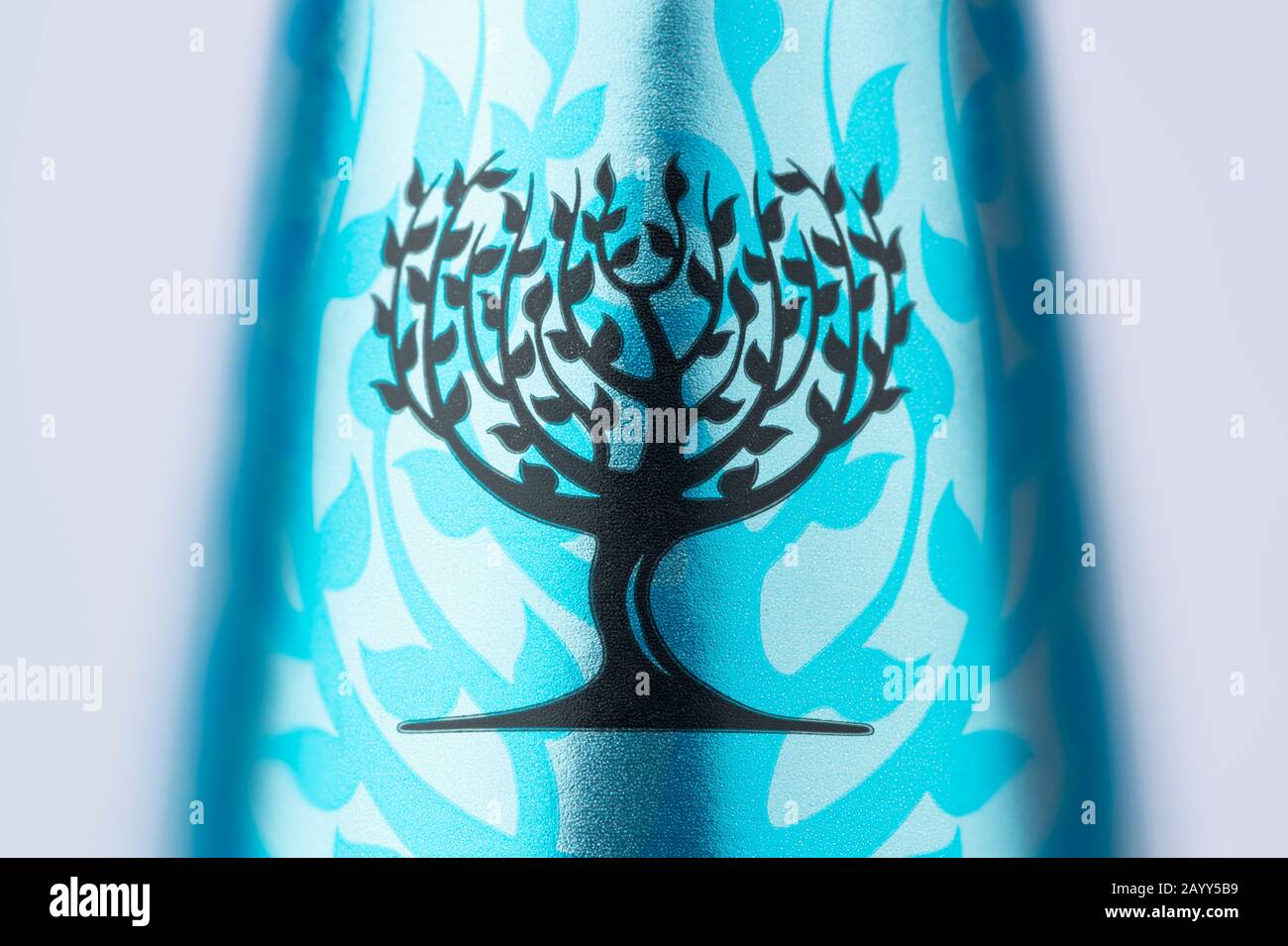 Un primer plano del logotipo tónico fiebre-árbol que se encuentra en el cuello de una botella, disparado sobre un fondo blanco. Foto de stock