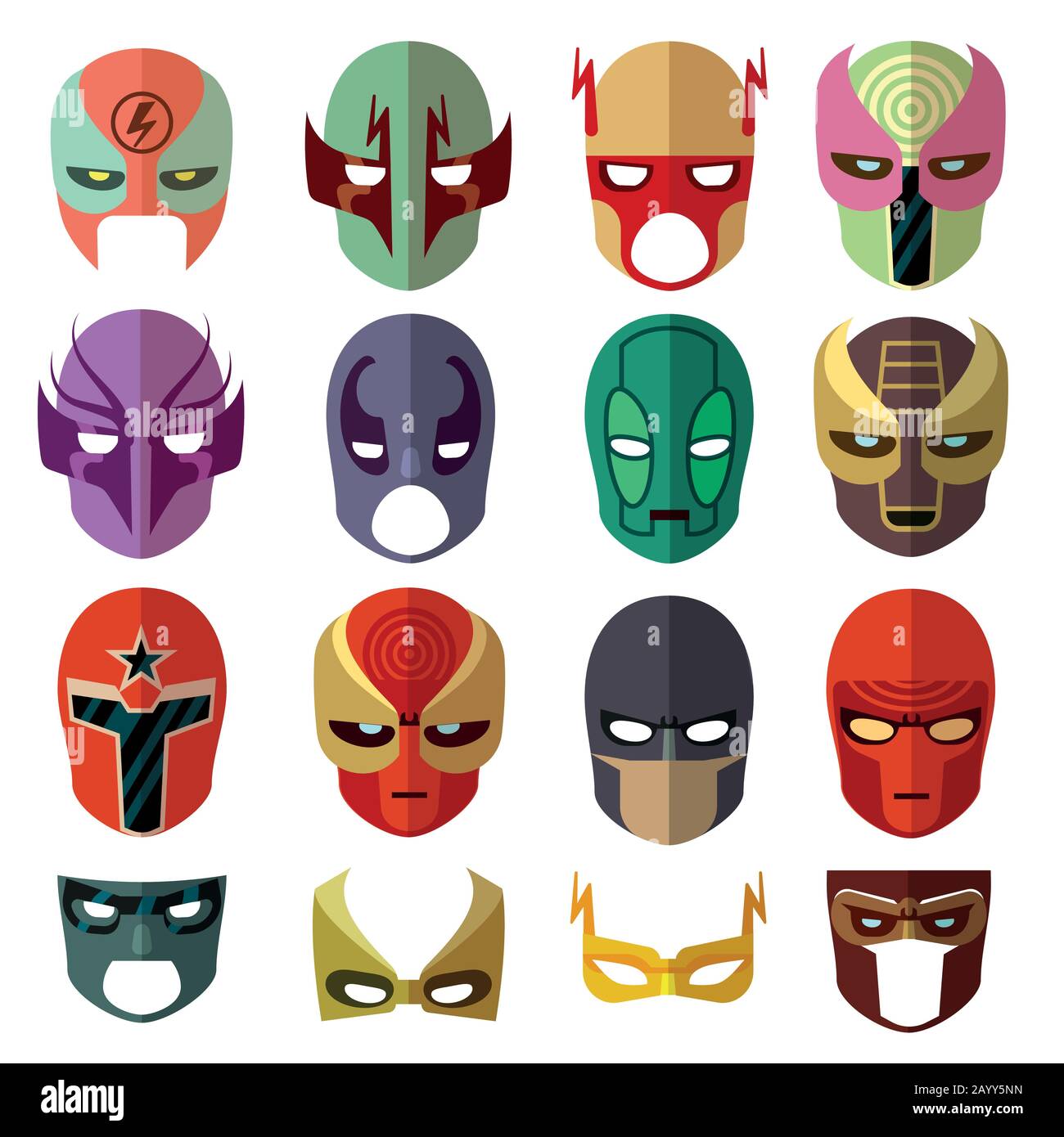 Iconos planos vectoriales de los caracteres de la máscara de héroe. Ilustración de la máscara de dibujos animados de héroes y del conjunto de máscaras de avatar de color Ilustración del Vector