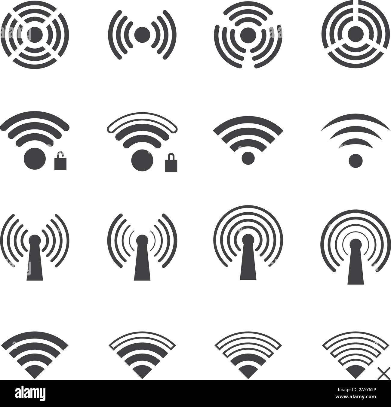 Iconos de vectores inalámbricos y wi-fi. Símbolos de conexión WiFi y señales de conexión inalámbrica Ilustración del Vector
