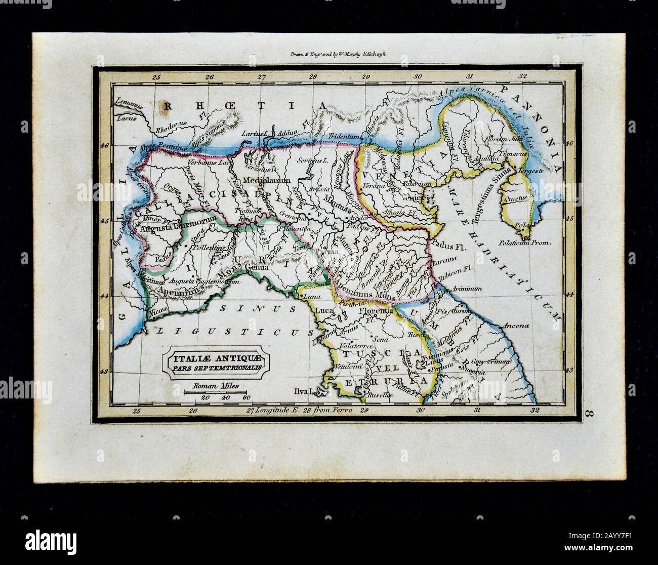 1832 Murphy Mapa Antiguo Norte de Italia - Ancient Italiae Antiquae pars Septemtrionalis - Mantua Venecia Génova Florencia Foto de stock