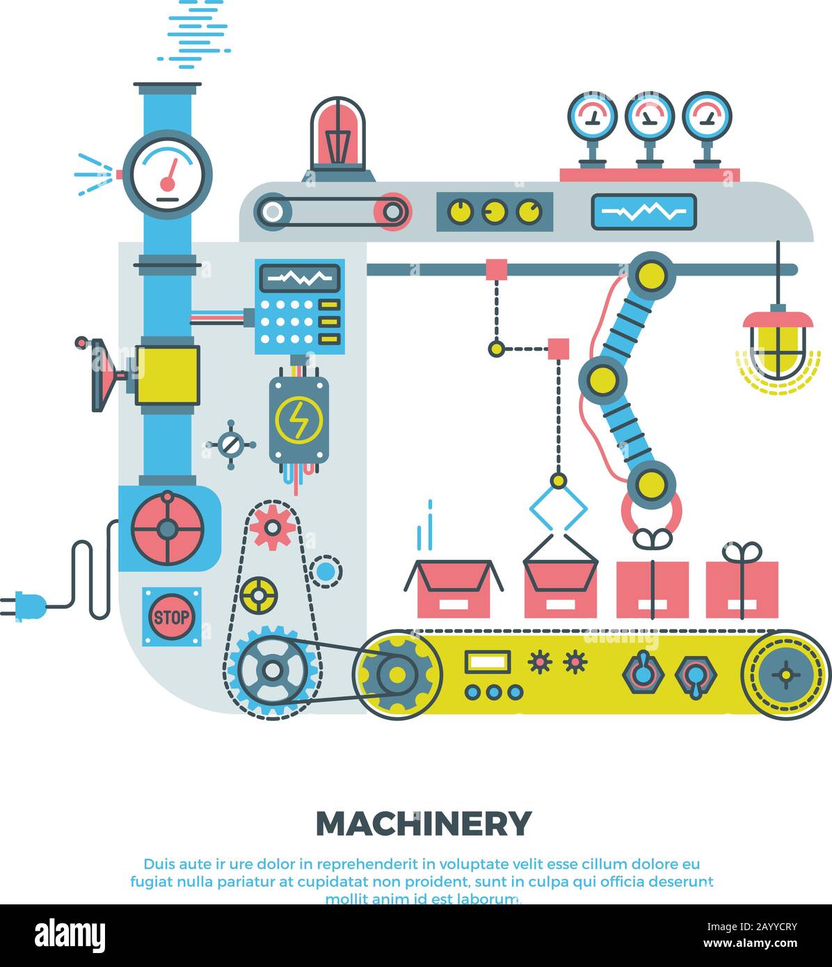 Máquina robótica industrial abstracta, maquinaria en estilo vectorial plano. Ilustración de robots de maquinaria industrial y tecnología de maquinaria transportadora Ilustración del Vector