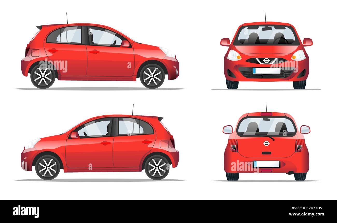 Vista lateral, frontal y posterior del coche mini rojo, estilo plano. Plantilla para sitio web, aplicación móvil y banner publicitario. Coche aislado en un blanco Ilustración del Vector
