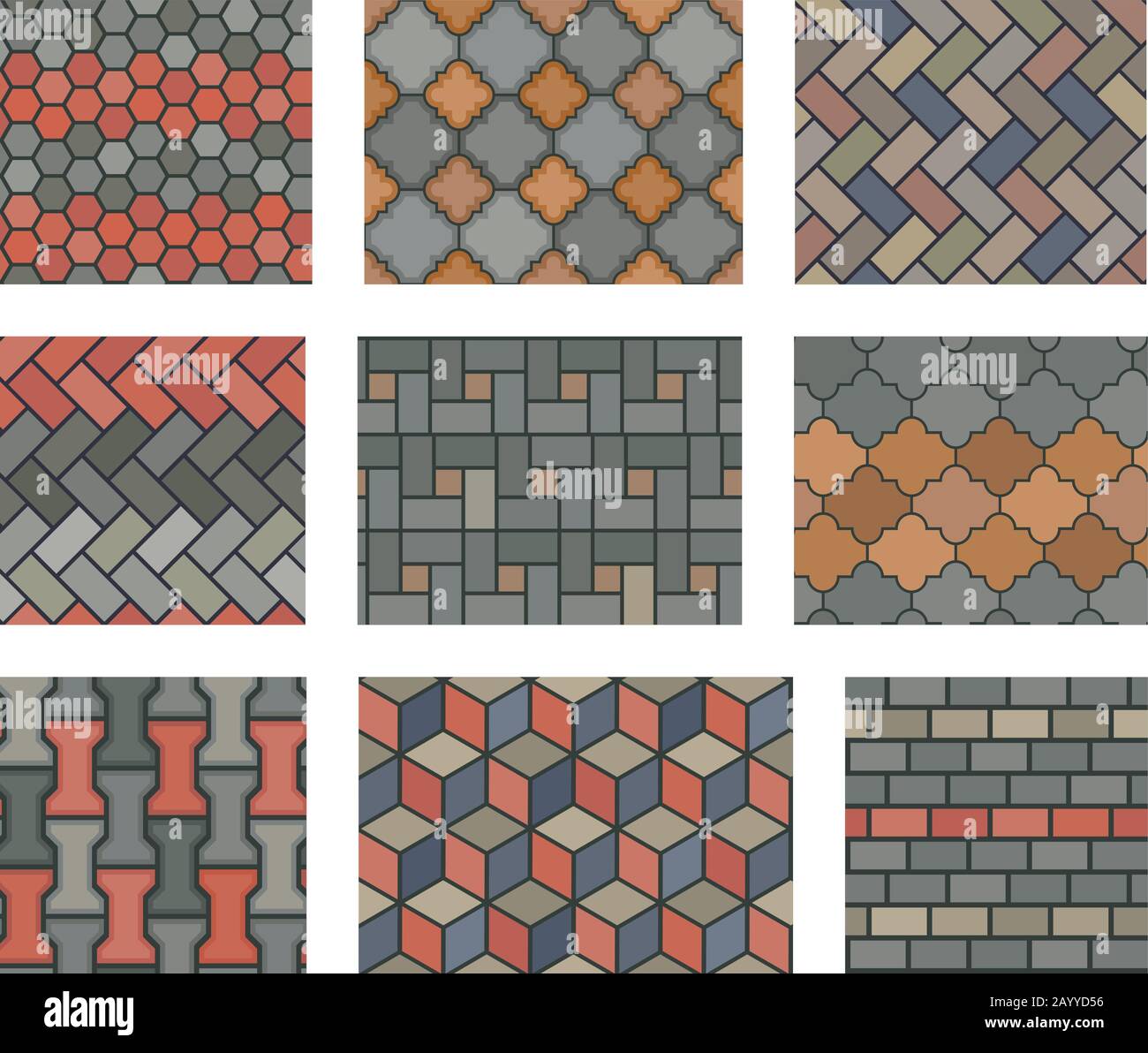 Baldosas de piedra sin costuras pavimento vector conjunto. Elementos de diseño paisajístico. Pavimento de piedra de patrón y pared de piedra de azulejos de ilustración Ilustración del Vector