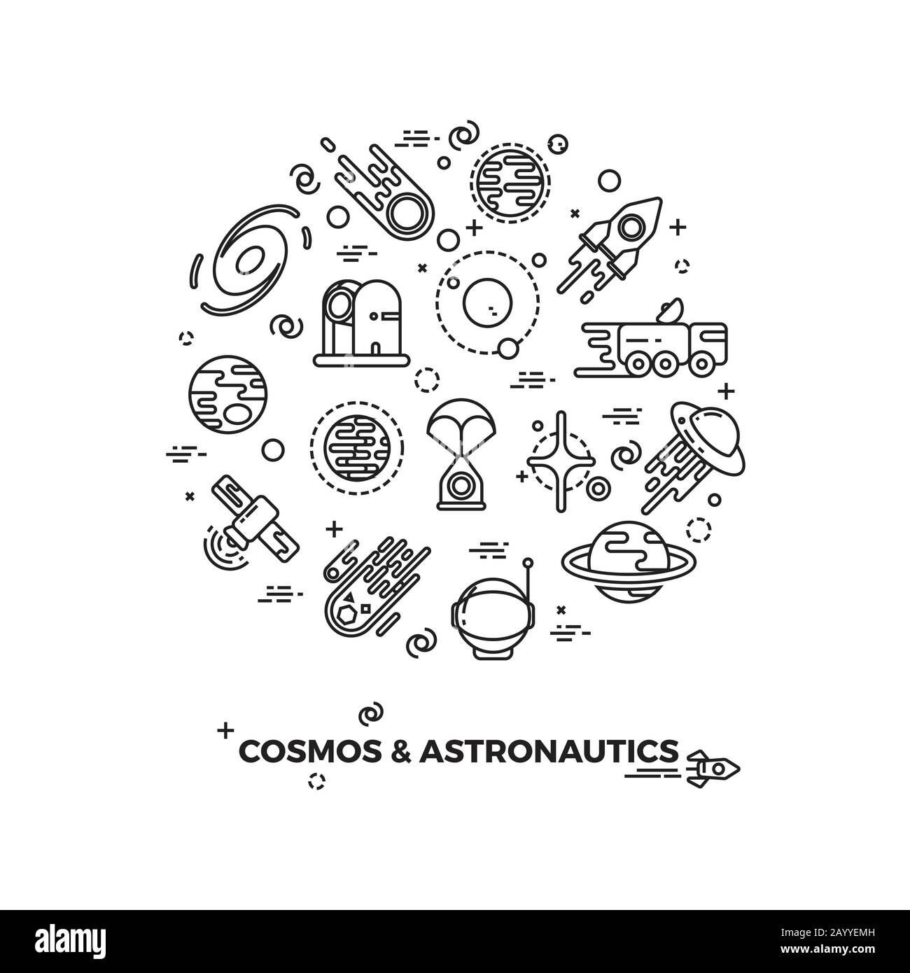 Iconos de planetas, espacio y vectores de cohetes. Cometa y asteroide en el espacio, viaje vuelo espacial ilustración cósmica Ilustración del Vector
