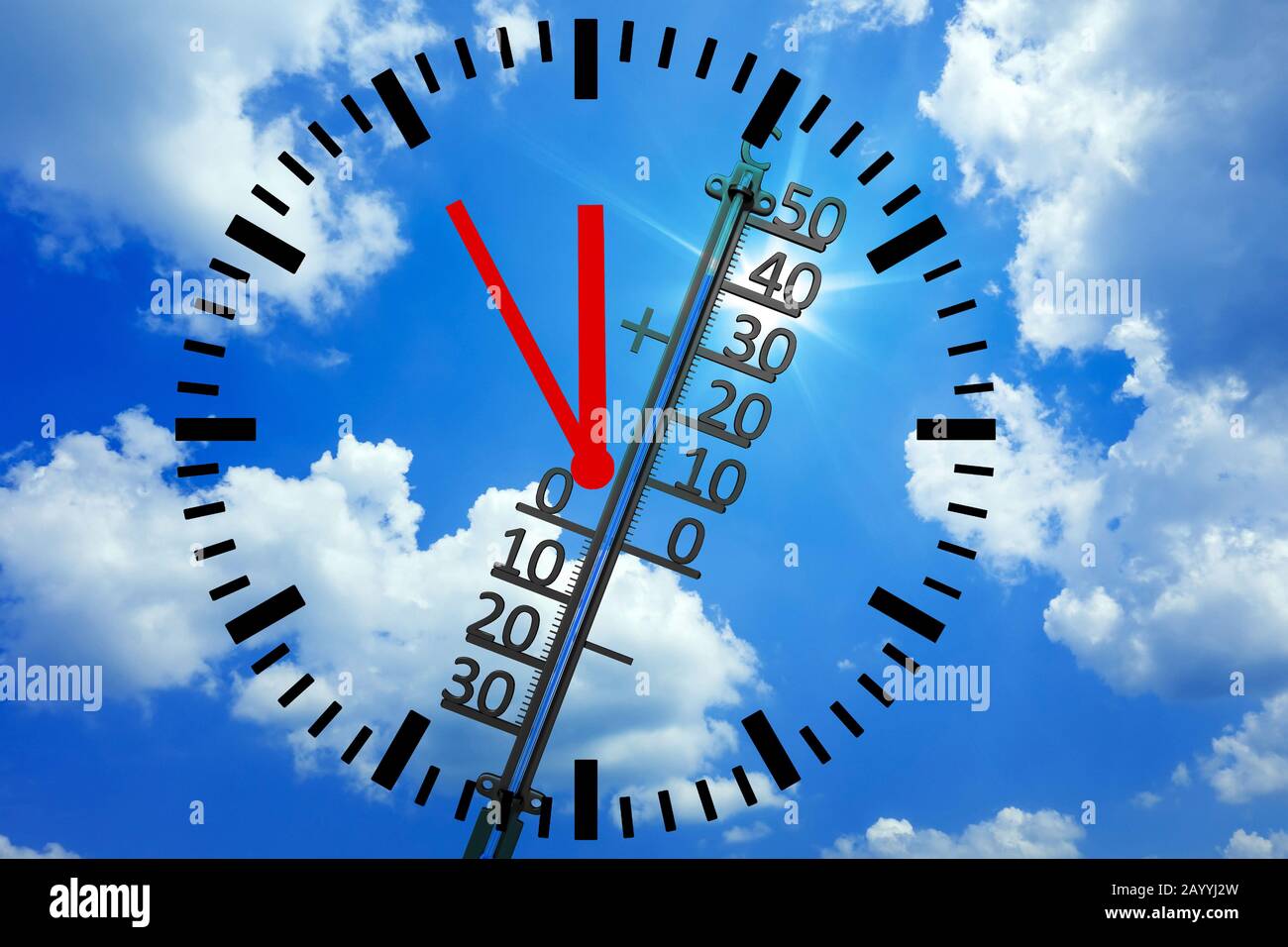 Termómetro mide temperatura de calor extrema, cambio climático, reloj mostrando 5 para 12, composición, Alemania Foto de stock