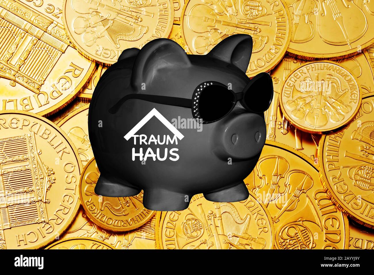 Banco negro piggy con gafas de sol letras Traumhaus, casa de los sueños, monedas en el fondo, composición Foto de stock