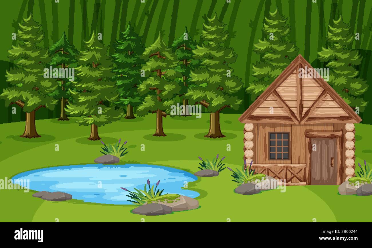 Escena con cabaña de madera junto al estanque en la ilustración verde del  bosque Imagen Vector de stock - Alamy