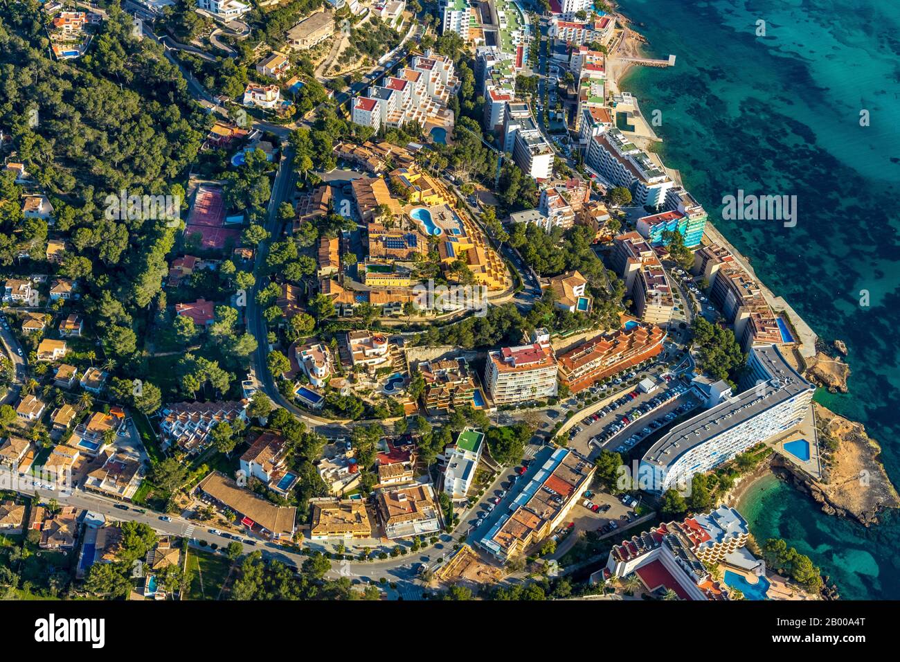 Vista aérea, complejo de apartamentos de vacaciones César, bahía de Santa Ponsa, Santa Ponsa, Calvià, Mallorca, España, Europa, Islas Baleares, apartamentos, es, Foto de stock