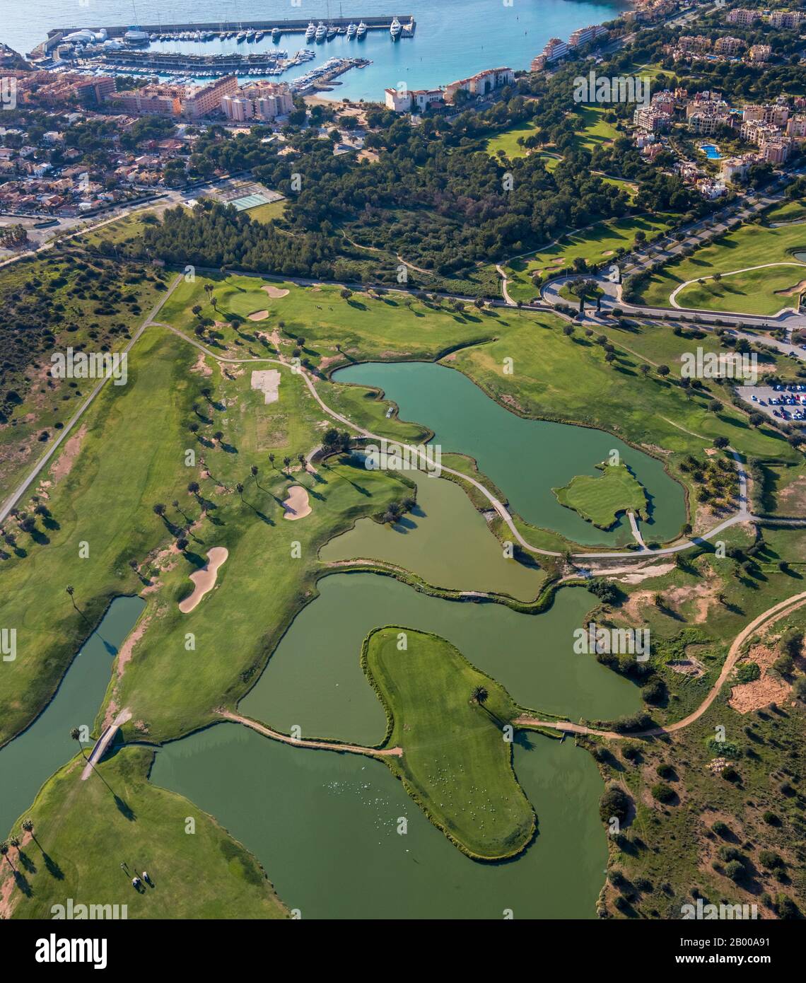 Foto aérea, campo de Golf Santa Ponsa II, Port Adriano, Calvià, Mallorca, España, Europa, Islas Baleares, es, España, golf, campo de golf, club de golf, g Foto de stock