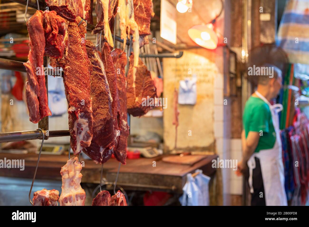 Carniceros en el mercado húmedo, Wan Chai, Hong Kong Foto de stock