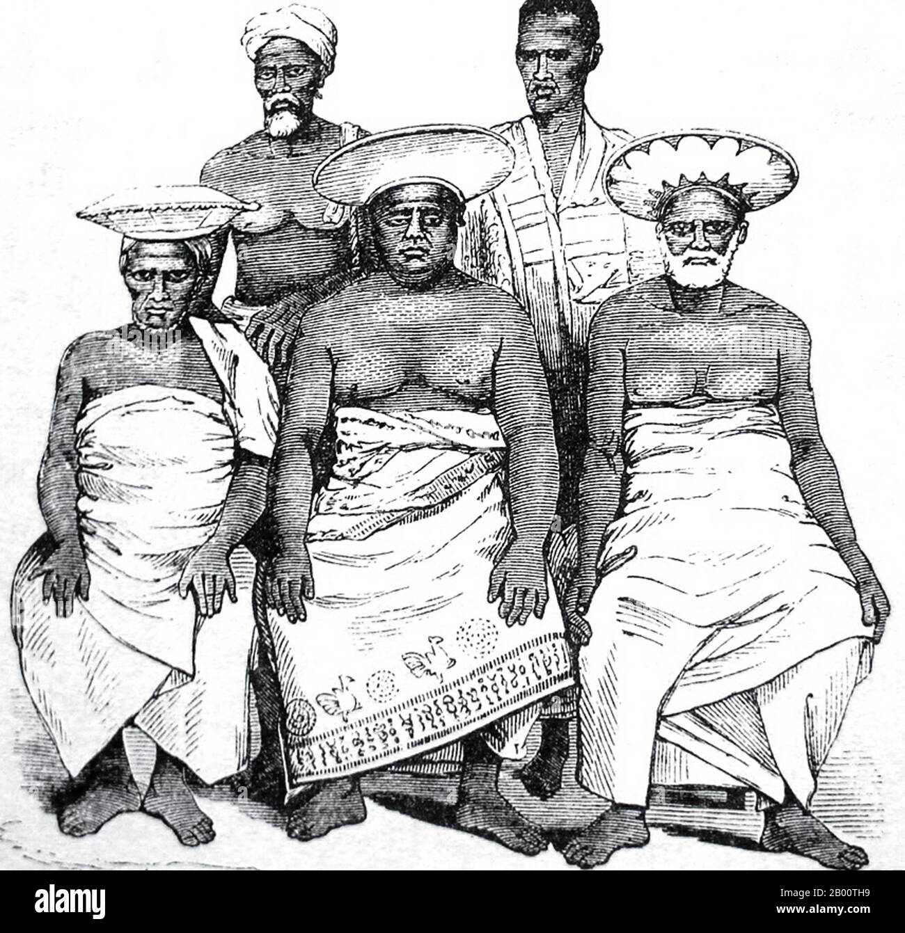Sri Lanka: Tres aristocracia Radala o Kandyan junto con dos retenedores,  1859. En 1592 Kandy se convirtió en la capital del último reino  independiente restante en Sri Lanka después de que las
