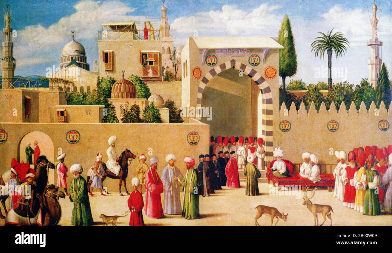 Siria: Un gobernador de Mamuk, o 'na-ib', y su séquito reciben al cónsul veneciano Niccolo Malipiero en Damasco en 1511. Taller de Gentile Bellini (c. 1429-1507), Mamuks del siglo 16 fueron originalmente soldados o esclavos que se convirtieron al Islam. Un ejército de Mamluk tomó el control de Egipto y Siria y estableció el Sultanato de Mamluk de 1250 a 1517 durante el cual derrotaron o repelieron a los invasores mongoles y a los cruzados cristianos. Foto de stock