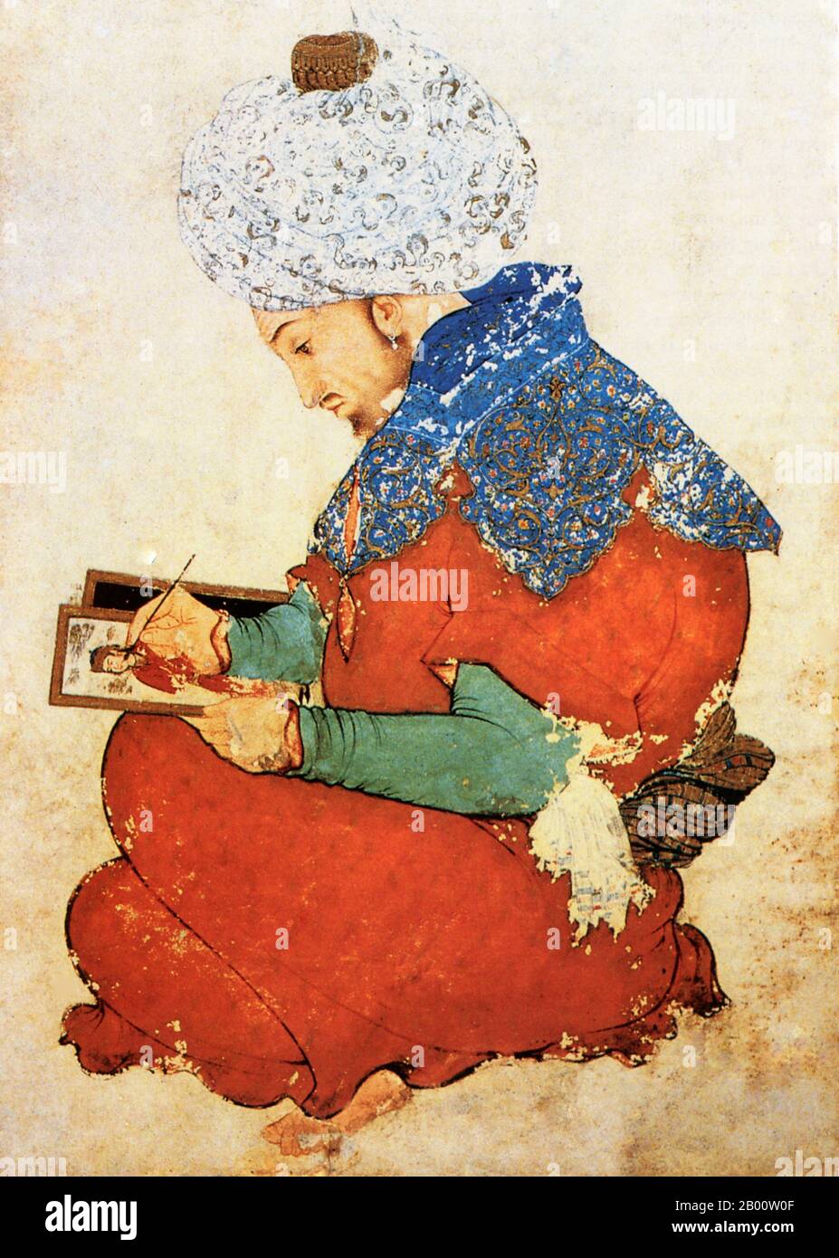 Irán/Kuwait: «Retrato de un pintor persa», una pintura de Moghal India de 1600 a 1625 CE. Artista desconocido. En agosto de 1990, esta famosa pintura fue una de las 20,000 piezas de arte saqueadas del Museo Nacional de Kuwait y dar al-Athis al-Islamiyya (Casa de Antigüedades Islámicas) cuando las fuerzas iraquíes invadieron Kuwait. La pintura y otras 16,000 piezas de las colecciones fueron recuperadas más tarde de Bagdad. Foto de stock