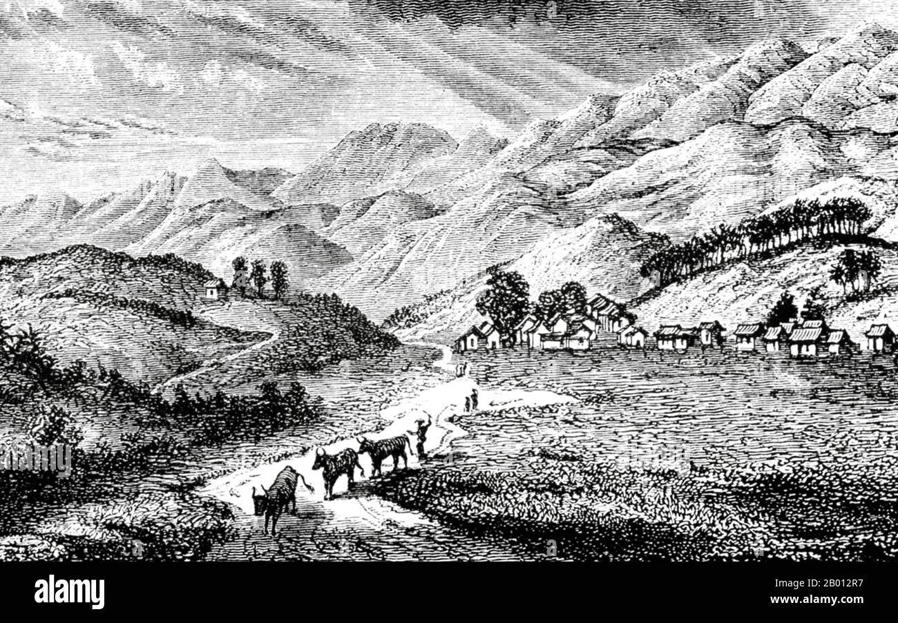 China: El pueblo de Ye-tche-sin en la provincia de Yunnan. Grabado por Louis Delaporte (1842-1925), 1868. Este bosquejo de Louis Delaporte es una de las docenas que dibujó durante su aventura de dos años (1866-68) con la Comisión de Exploración del Mekong patrocinada por el Ministerio de la Marina de Francia, cuya intención era sentar las bases para la expansión de las colonias francesas en Indochina. Viajando en barco por el Mekong, la pequeña delegación francesa viajó de Saigón a Phnom Penh a Luang Prabang, luego más al norte hacia las aguas inexploradas del Alto Laos y la provincia china de Yunnan. Foto de stock