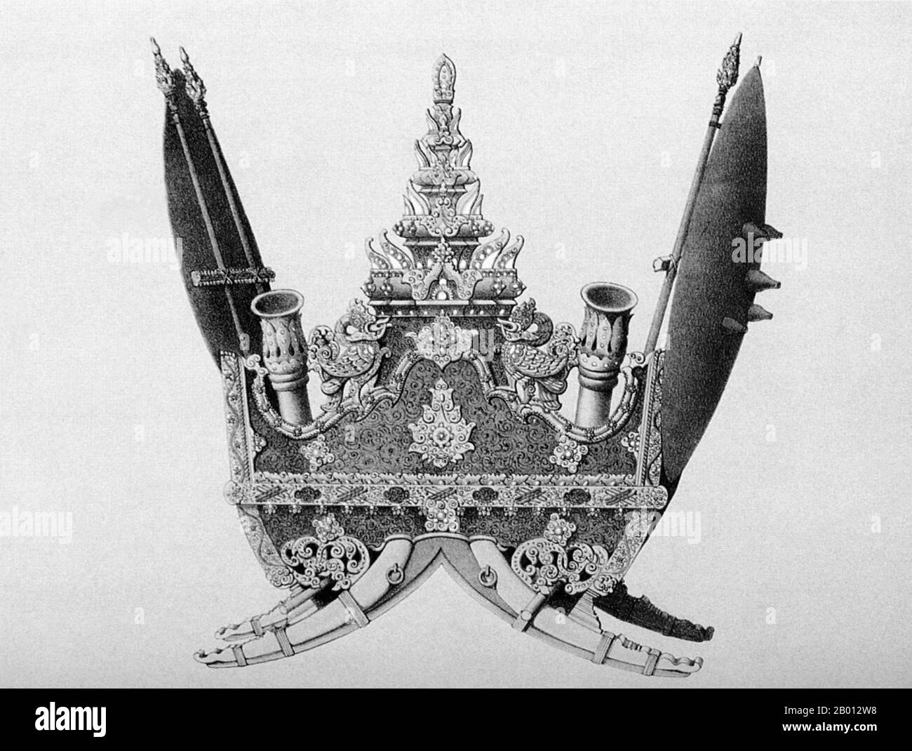 Tailandia: El howdah de un elefante de guerra, o silla de montar, de la ciudad de Oubon. Grabado de Louis Delaporte (1842-1925), 1866-1867. El expedicionario francés Garnier escribió: “En la gran plaza de Oubon, esta notable silla de elefante de madera esculpida se conserva. A ambos lados de la jaula hay dos escudos para proteger a los combatientes y dos quivers para sostener las flechas y las lanzas. La pieza trasera está ricamente esculpida con muchas rosas y arabescos recubiertas con pequeños trozos de cristal plateado y de colores y piedras preciosas”. Foto de stock