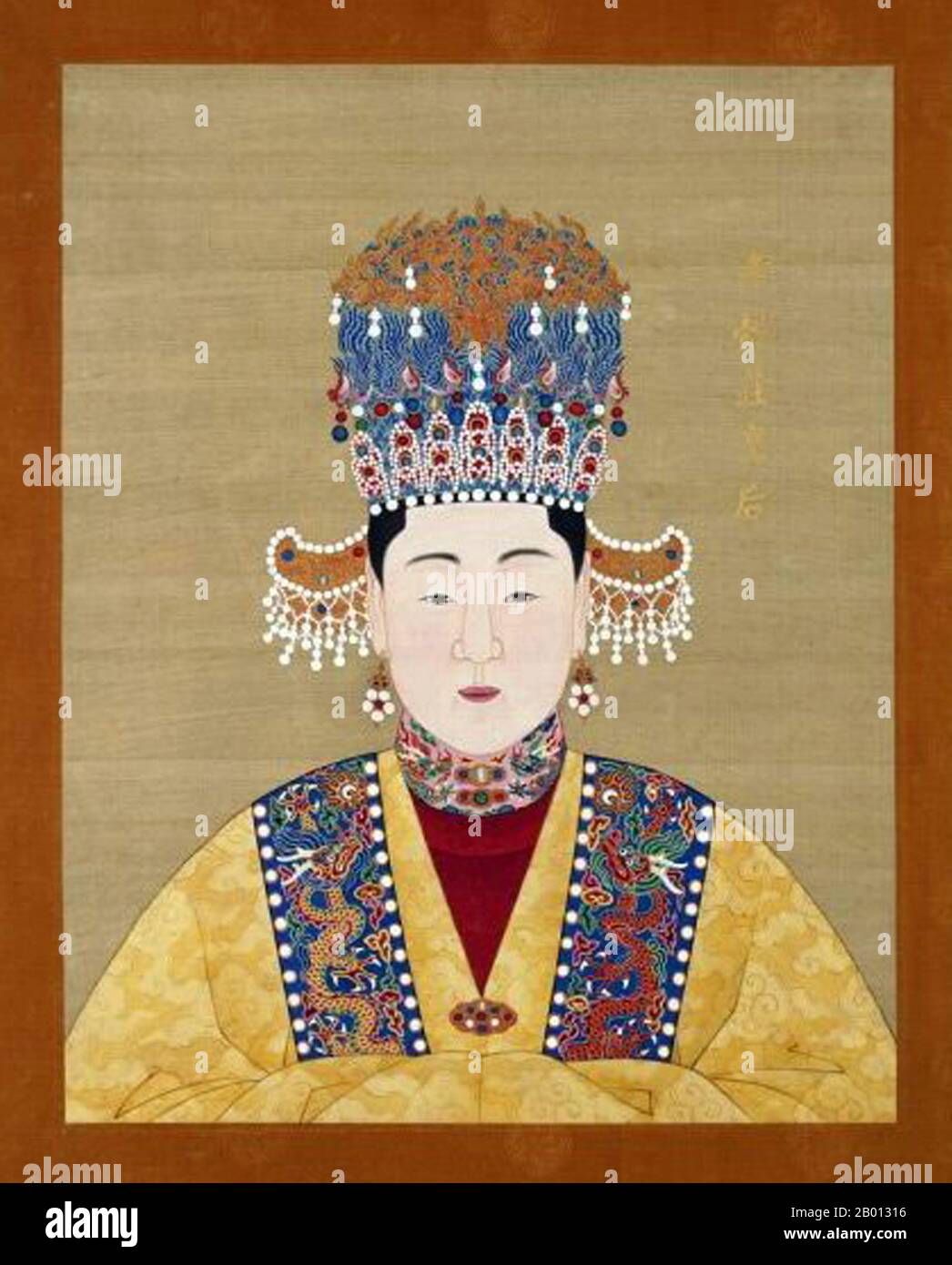 China: La emperatriz Xiao Yi Zhuang (-1558), consorte del emperador Ming Longqing en 13th (r. 1567-1572). Colgante de rollo de pintura, 17th-16th siglo. La emperatriz Xiaoyizhuang fue la primera consorte del Emperador Longqing de la Dinastía Ming. Se casó con el emperador en 1553 y le dio tres hijos, pero murió en 1558. Foto de stock