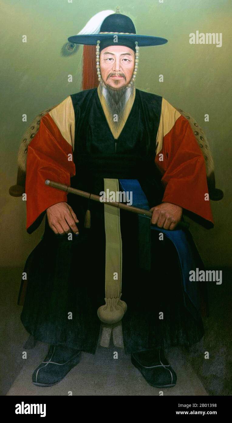 Corea: Yi Sun-sin (28 de abril de 1545 – 16 de diciembre de 1598), celebró al comandante naval coreano y víctor sobre Japón durante las Guerras de Imjin (1592-1598). Óleo sobre pintura de lienzo, c. siglo 19th. Yi Sun-sin (1545-1598) fue un comandante naval coreano conocido por sus victorias contra la marina japonesa durante la guerra de Imjin en la dinastía Joseon. Yi también es conocido por su innovador uso del 'barco de tortugas'. Se le reputa ser uno de los pocos almirantes que han sido victoriosos en cada batalla naval en la que él ordenó. Yi fue asesinado por una sola bala en la Batalla de Noryang el 16 de diciembre de 1598. Foto de stock