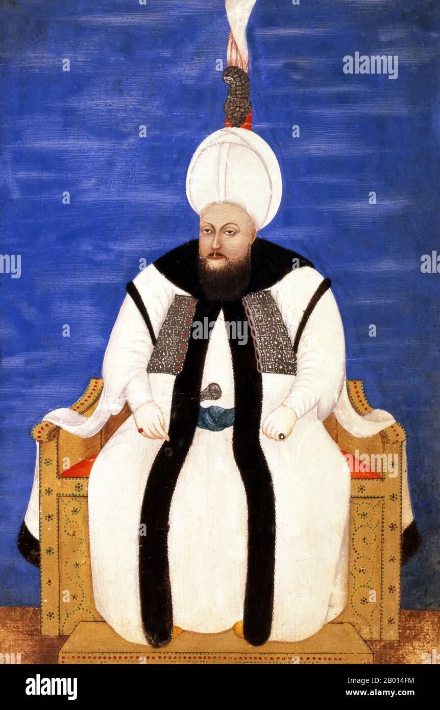 Turquía: Sultán Mustafa III (28 de enero de 1717 – 21 de enero de 1774). Pintura en miniatura, c. 1770s. Mustafa III fue el Sultán del Imperio Otomano de 1757 a 1774. Era hijo del Sultán Ahmed III (1703–30) y le sucedió su hermano Abdul Hamid I (1774–89). Un gobernante enérgico y perceptivo, Mustafa III buscó modernizar el ejército y la maquinaria interna del Estado para que su imperio se alineara con las Grandes Potencias de Europa. Lamentablemente, el estado otomano había declinado hasta ahora que cualquier intento general de modernización no era más que una gota en el océano. Foto de stock