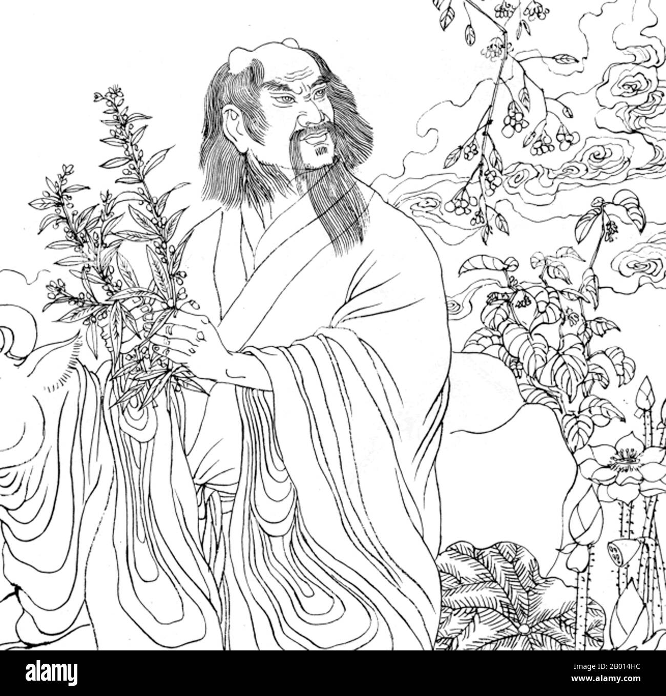 China: Shennong soberano, tres soberanos y cinco emperadores (c .3500-2000 BCE). Ilustración, c. 18th-17th siglo. Shennong (vietnamita: Than Nong), también conocido como el Emperador de los Cinco Granos (Wugu xiandì), era un gobernante de China y un héroe cultural que vivió hace unos 5.000 años y que enseñó a los antiguos chinos la práctica de la agricultura. Apropiadamente, su nombre significa ' granjero divino', y él es adorado como una deidad en la religión popular china. También se cree que descubrió el té. Foto de stock