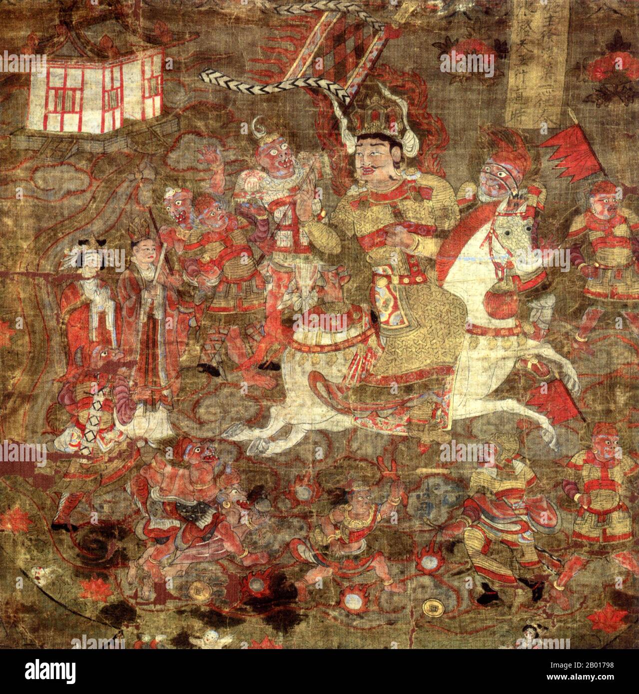 China: Vaisravana, uno de los cuatro reyes budistas guardianes. Cuadro de volutas colgantes, cuevas de Mogao, Dunhuang, 9th-8th siglo. Vaisravaṇa (Sánscrito) o Vessavaṇa (Pali) también conocido como Jambhala en Tibet y Bishamonten en Japón es el nombre del jefe de los cuatro Reyes Celestiales y una figura importante en la mitología budista. Aquí está representado montando a través del mar. Los reyes de la era budista de Khotan reclamaron su descendencia de Vaisravana, quien se dice que vino a vivir en el oasis cuando era sólo un desierto. Foto de stock
