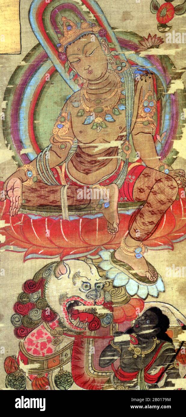 China: El bodisatva Manjusri se muestra montando un león. Cuadro de volutas colgantes, cuevas de Mogao, Dunhuang, 9th-8th siglo. Manjusri es un bodisatva asociado con la sabiduría trascendente en el budismo mahayana. Junto con el Buda Shakyamuni y su compañero Samantabhdra forma la trinidad Shakyamuni en el Budismo. Foto de stock