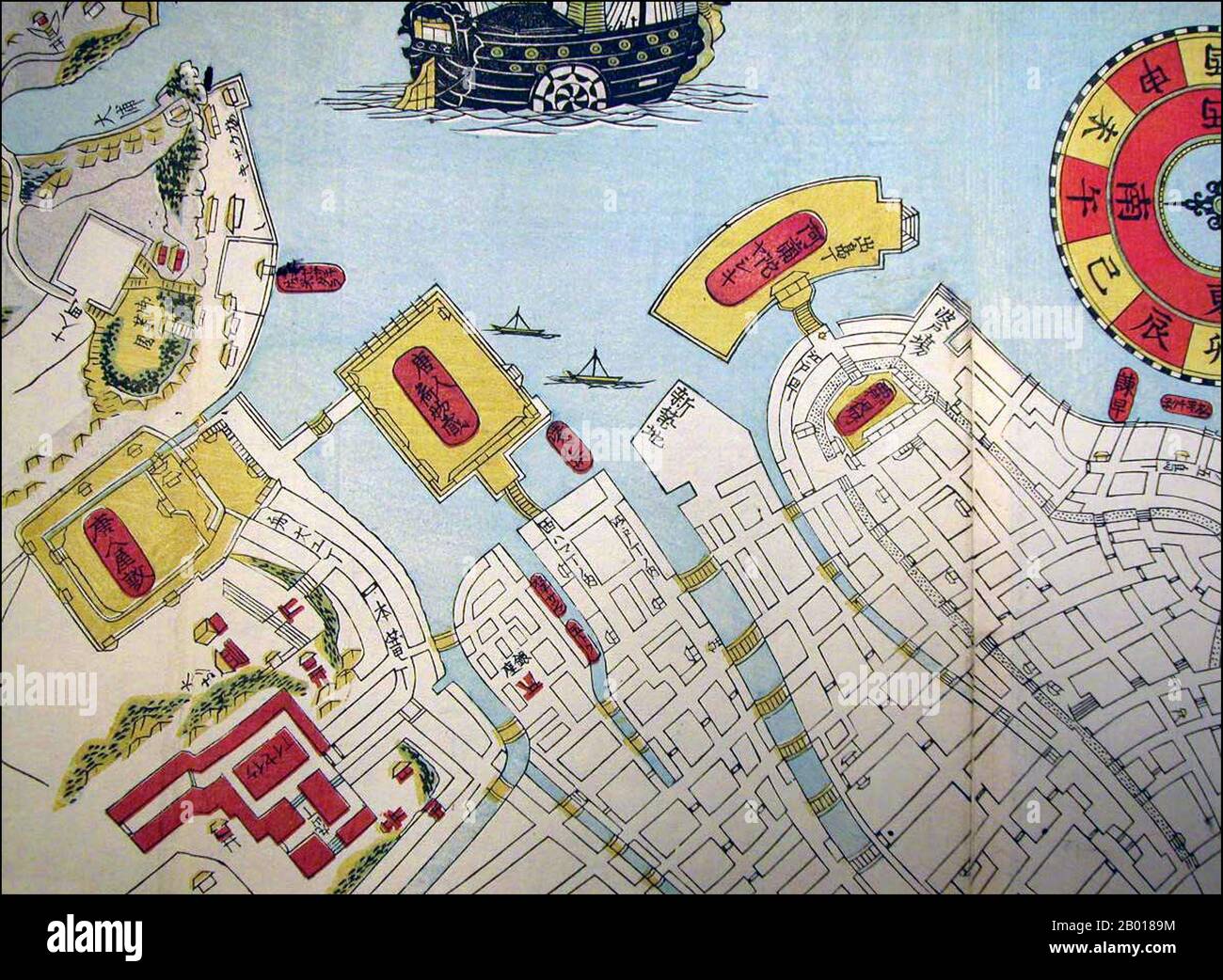 Japón: Un mapa del puerto de Nagasaki que muestra la isla de Dejima y el cercano complejo de comerciantes chinos, a finales del siglo 19th. Dejima (literalmente 'isla de salida'; holandés: Desjima o Deshima, algunas veces latinizado como Decima o Dezima) fue una pequeña isla artificial en forma de abanico construida en la bahía de Nagasaki en 1634. Esta isla, formada por la excavación de un canal a través de una pequeña península, permaneció como único lugar de comercio directo e intercambio entre Japón y el mundo exterior durante el período Edo. Dejima fue construido para restringir a los comerciantes extranjeros como parte de la política aislacionista autoimpuesta de 'sakoku'. Foto de stock