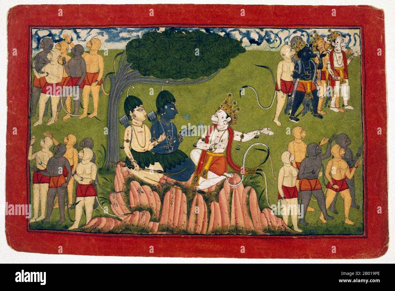 India: Rama y Lakshmana confer con el rey Sugriva, el rey mono de Kishkinha, sobre la búsqueda de Sita. Gouache y oro sobre papel de una serie Ramayana dispersa, c. 1690-1720. Kishkindha fue el Reino de los Monos del rey Vanara (mono) Sugriva, el hermano menor de Bali, en la épica india Ramayana. Este fue el reino donde gobernó con la ayuda de su ministro, Hanuman. Este reino se identifica como las regiones alrededor del río Tungabhadra (entonces conocido como Pampa Saras) cerca de Hampi en Karnataka. Foto de stock