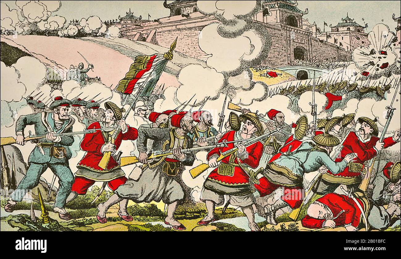 Vietnam/Francia: Campaña Tonkin - Invasión de Turcos franceses y fusiliers-marins en la batalla por Bac Ninh, 12 de marzo de 1884. Impresión Epinal, 1885. La Campaña Tonkin (en francés: Campagne du Tonkin) fue un conflicto armado que libraron los franceses entre junio de 1883 y abril de 1886 contra, entre otros, los vietnamitas, el Ejército de Bandera Negra de Liu Yongfu y los ejércitos chinos Guangxi y Yunnan para ocupar Tonkin (norte de Vietnam) y afianzar allí un protectorado francés. Foto de stock