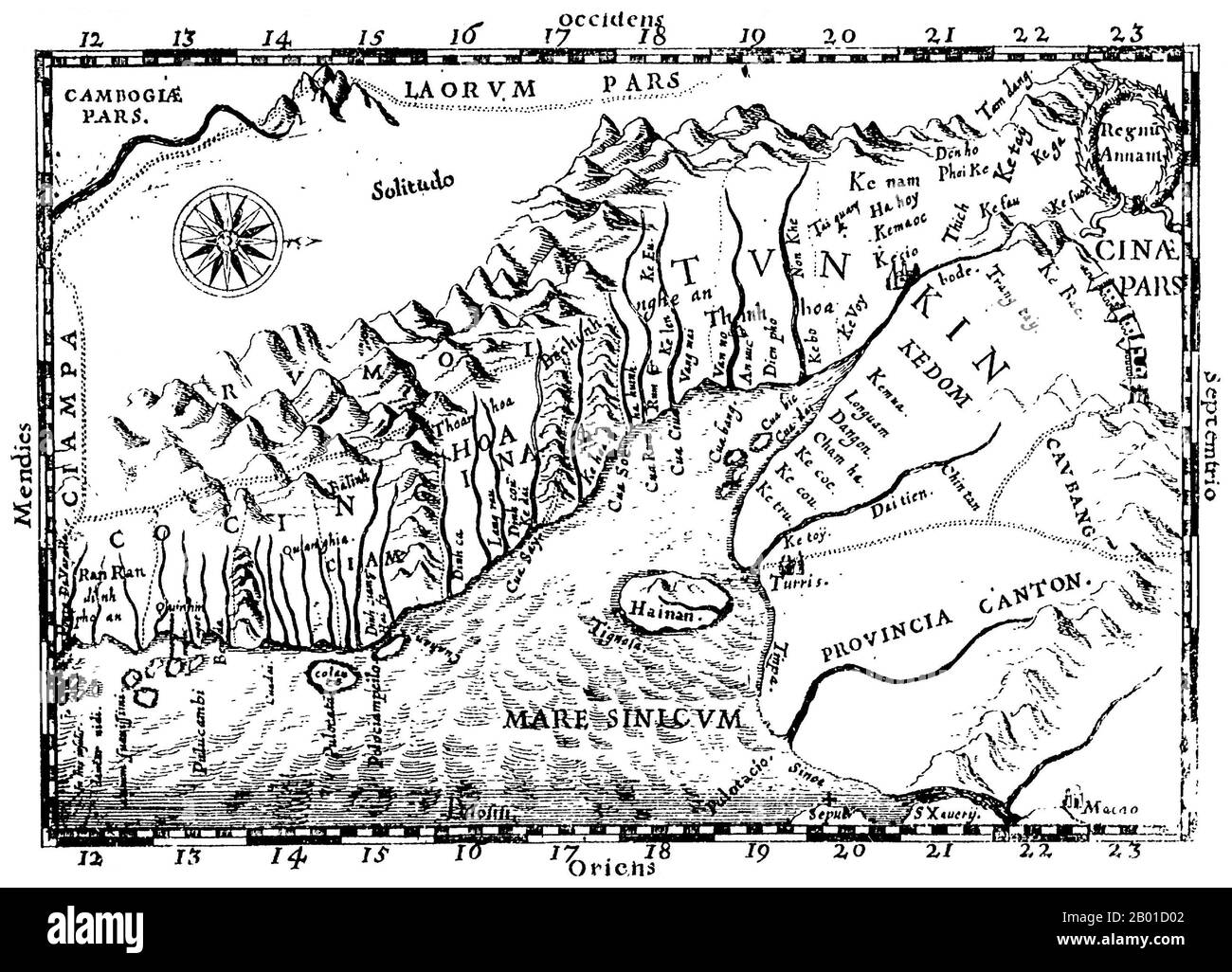 Vietnam: Mapa de Tonkin por Alexandre de Rhodes (15 de marzo de 1593 - 5 de noviembre de 1660), 1651. Uno de los primeros mapas occidentales que muestran detalles del norte y centro de Vietnam, apareció en el Padre Alexander de Rhodes 'Histoire du royaume de Tunquin', publicado en Roma en 1650. Este mapa es de la edición francesa, publicada un año más tarde en Lyon. Orientada con el norte a la derecha, 'Regnu Annam' muestra la extensión del Vietnam del siglo XVII, en la época dividida entre dos dinastías rivales. Los restos del reino Cham, eventualmente destruido por los vietnamitas, todavía existían en el sur. Foto de stock