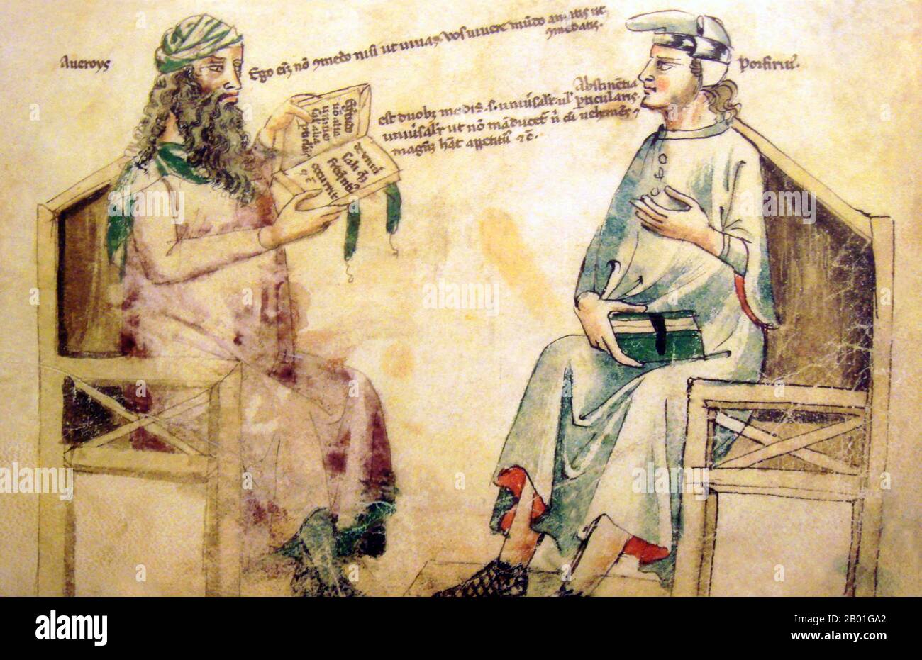 España/Al-Andalus: Debate imaginario entre Ibn Rushd (Averroes) y Porfirio de Tiro. Monfredo de Monte Imperiali Liber de Herbis, siglo 14th. Abū l-Walīd Muḥammad bin ʾAḥmad bin Rušd, más conocido como Ibn Rushd, y en la literatura europea como Averroes (1126 - 10 de diciembre de 1198), fue un erudito musulmán; un maestro de la filosofía aristotélica, la filosofía islámica, la teología islámica, la ley y la jurisprudencia maliki, la lógica, la psicología, la política, la teoría de la música árabe, y la teoría musical. y las ciencias de la medicina, la astronomía, la geografía, las matemáticas, la física y la mecánica celestial. Foto de stock