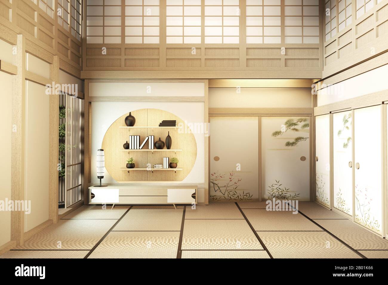 Diseño interior Habitación Grande de dos pisos estilo japonés.  Renderización 3D Fotografía de stock - Alamy