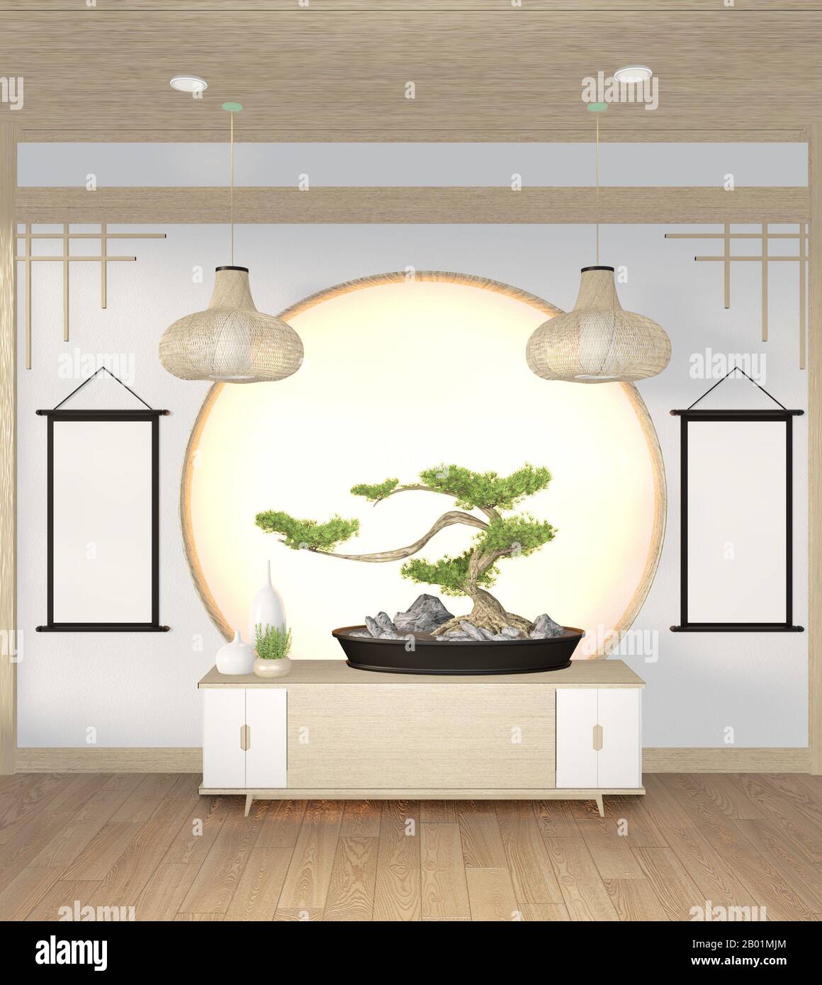 Bonsai árbol en armario de madera en la sala de la pared de estilo zen y  decoraion diseño de madera, la tierra tono.3D rendering Fotografía de stock  - Alamy