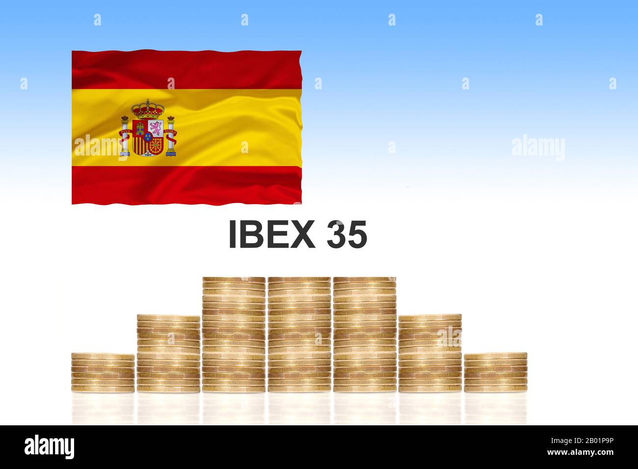 Ibex 35, bolsa de Madrid, con monedas en euros apiladas y bandera española, compuesta, España Foto de stock