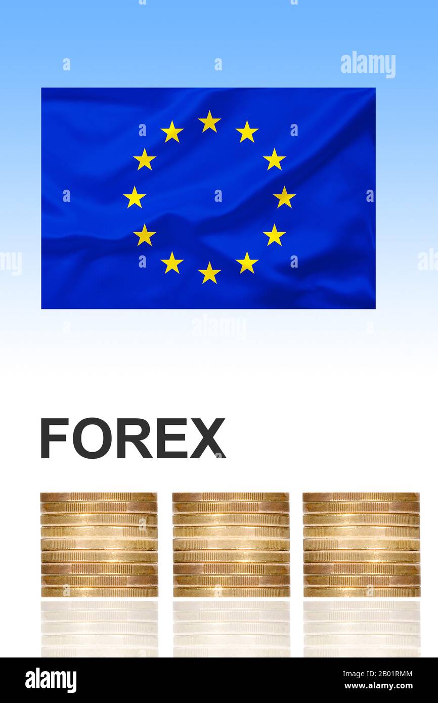 Forex, mercado de divisas, con corins apilados y bandera de la UE, Componiendo, Europa Foto de stock