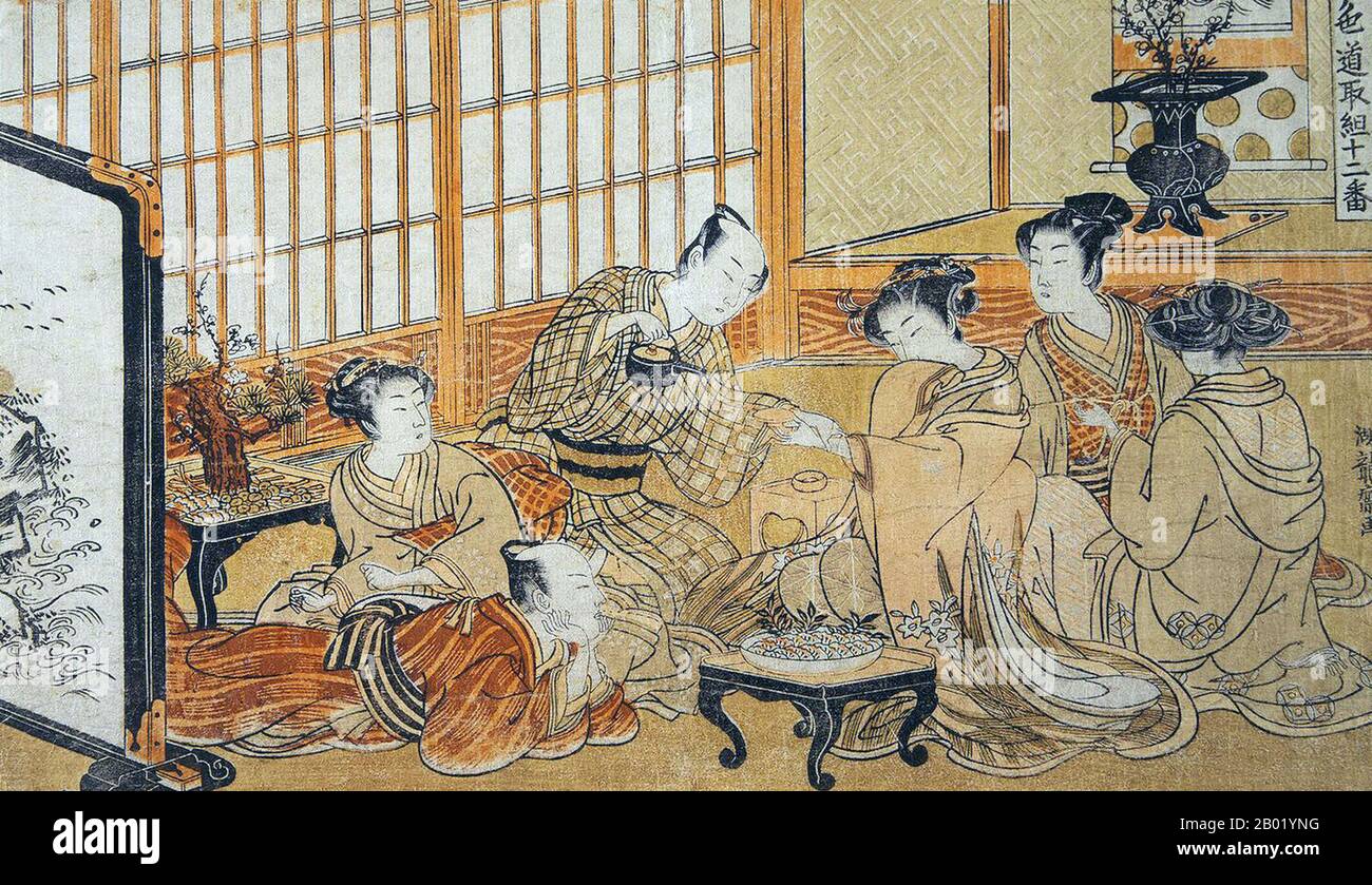 Isoda Koryūsai (礒田湖龍斎 1735-1790) fue un impresor y pintor japonés activo desde aproximadamente 1764 hasta 1788. Los detalles de su vida están bajo alguna disputa. Al parecer vino de un fondo samurai. Una teoría declaró que se convirtió en un rōnin y se vio obligado a recurrir al arte, pero otra dice que voluntariamente renunció a la vida de un samurai para el arte. En 1781 recibió el título de Hokkyo por su talento y logros. El hecho de que fuera tan honrado es una de las raras declaraciones que generalmente se acuerdan. Hay quienes creen que él era un alumno de Harunobu, pero esto es disputado. Aunque algunos de sus pr Foto de stock