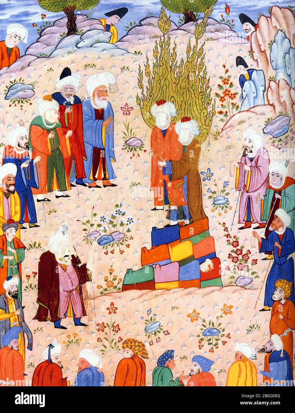 Según la tradición chiíta, Muhammad designó formalmente a su yerno, Ali ibn Abi Talib (el califa Ali) como su sucesor en el oasis de Gadir Khum, situado a medio camino entre las ciudades santas de la Meca / Makkah y Medina, en el Hijaz árabe. La tradición sunita disputa este evento alguna vez tuvo lugar. Las representaciones del Profeta Muhammad son controvertidas, y generalmente prohibidas en el Islam sunita (especialmente Hanafiyya, Wahabi, Salafiyya). El Islam chiíta y algunas otras ramas del Islam sunita (Hanbali, Maliki, Shafi'i) son generalmente más tolerantes de tales imágenes representacionales, pero aún así t Foto de stock