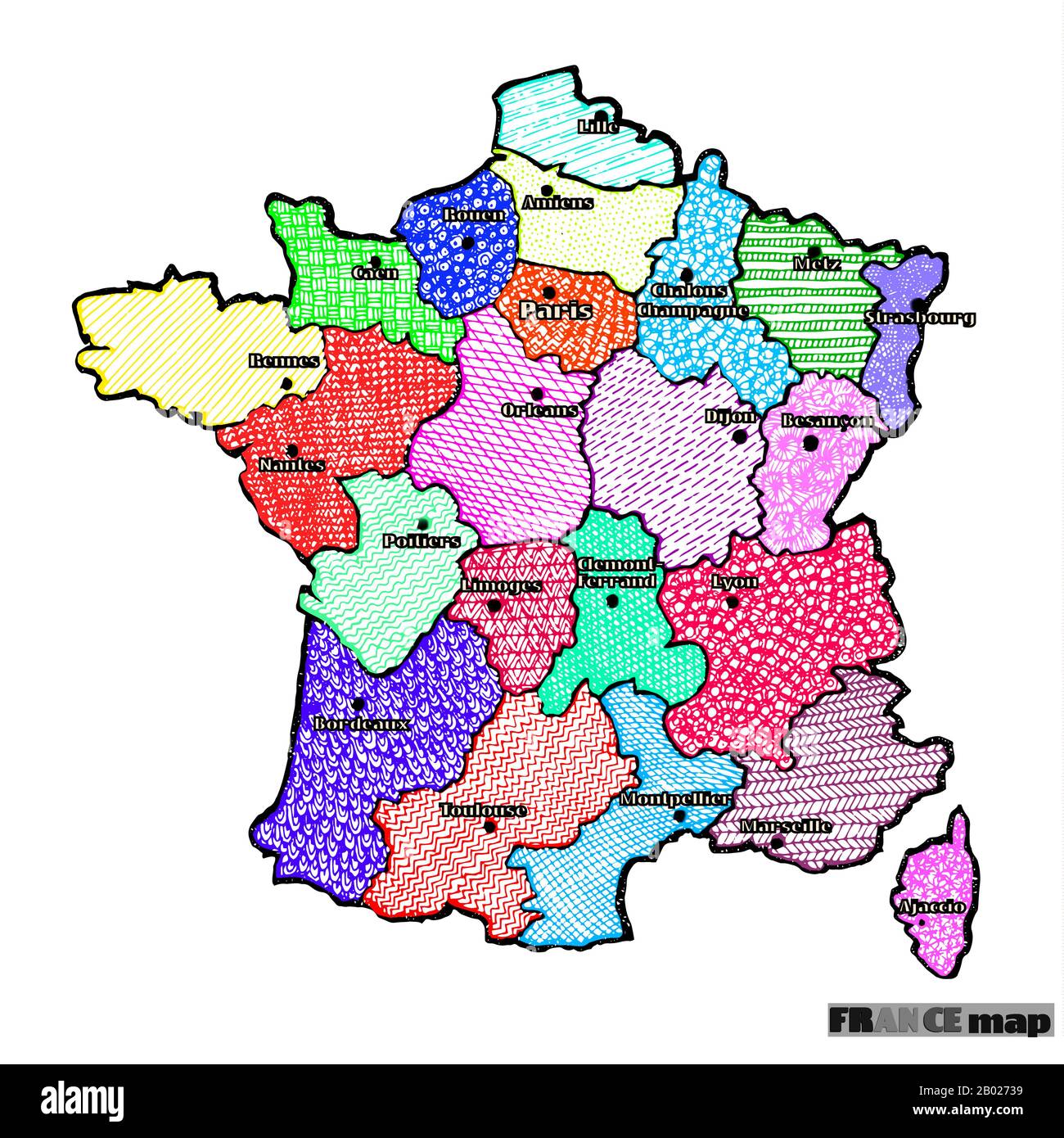 Mapa de Francia ilustración gráfica brillante. Dibujo hecho a mano. Ilustración colorida. Foto de stock