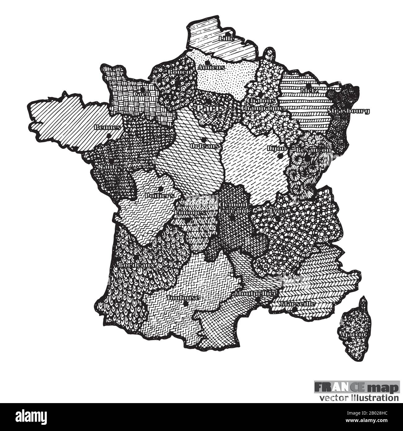 Mapa de Francia ilustración gráfica brillante. Dibujo hecho a mano. Ilustración en blanco y negro. Ilustración del Vector