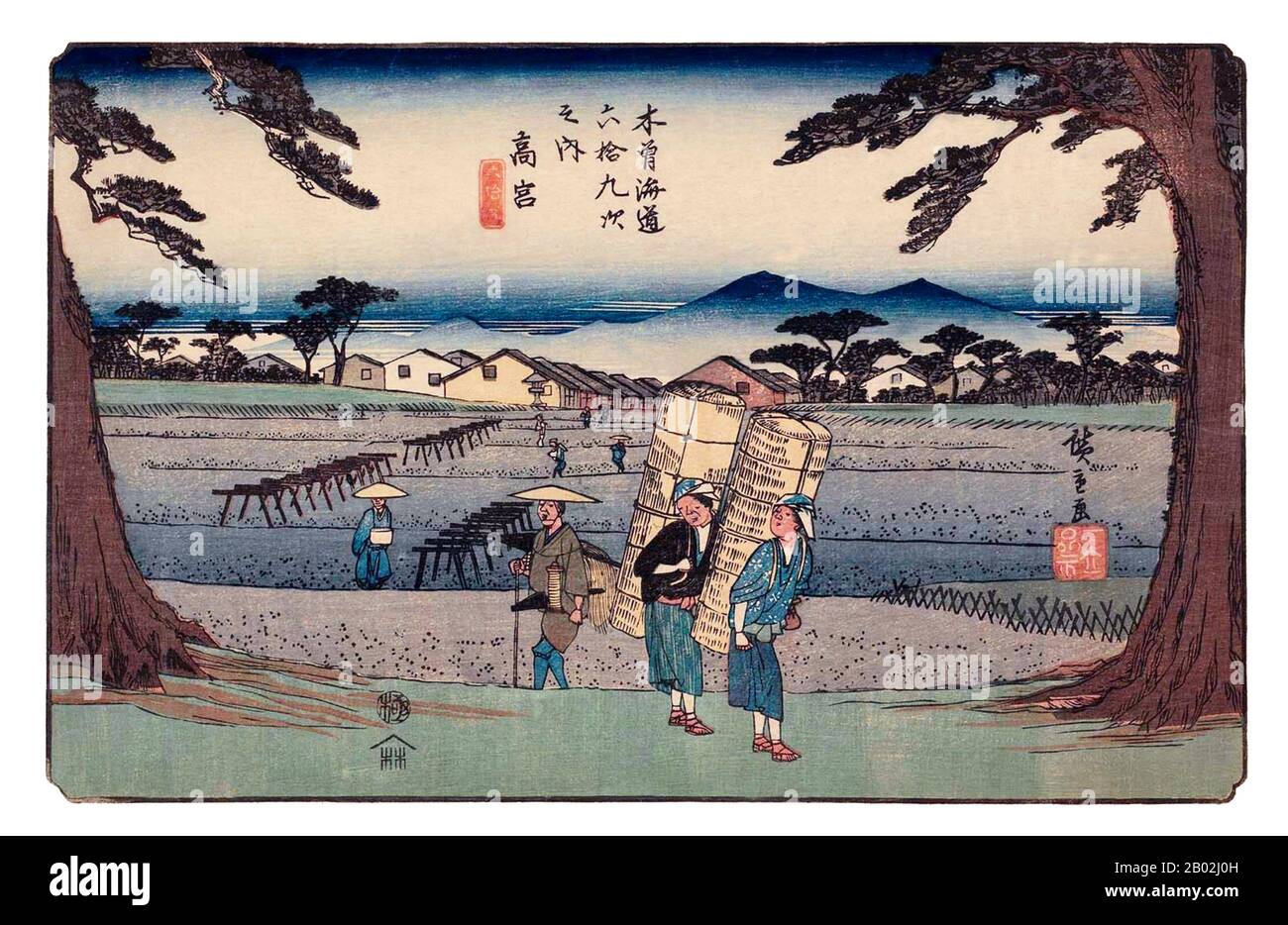 Las sesenta y nueve Estaciones del Kiso Kaidō (木曾街道六十九次 Kiso Kaidō Rokujūkyū-tsugi) o sesenta y nueve Estaciones del camino Kiso, son una serie de obras de ukiyo-e creadas por Utagawa Hiroshige (1797-1858) y Keisai Eisen (1790-1848). Hay 71 impresiones en total en la serie (una para cada una de las 69 estaciones de correos y Nihonbashi; Nakatsugawa-juku tiene dos copias). El nombre común para el Kiso Kaidō es 'Nakasendō' o 'Central Mountain Highway', por lo que esta serie es también comúnmente conocida como las sesenta y nueve Estaciones del Nakasendō. El Nakasendō fue una de Las Cinco rutas construidas bajo Tokugawa Ieyasu, A. Foto de stock