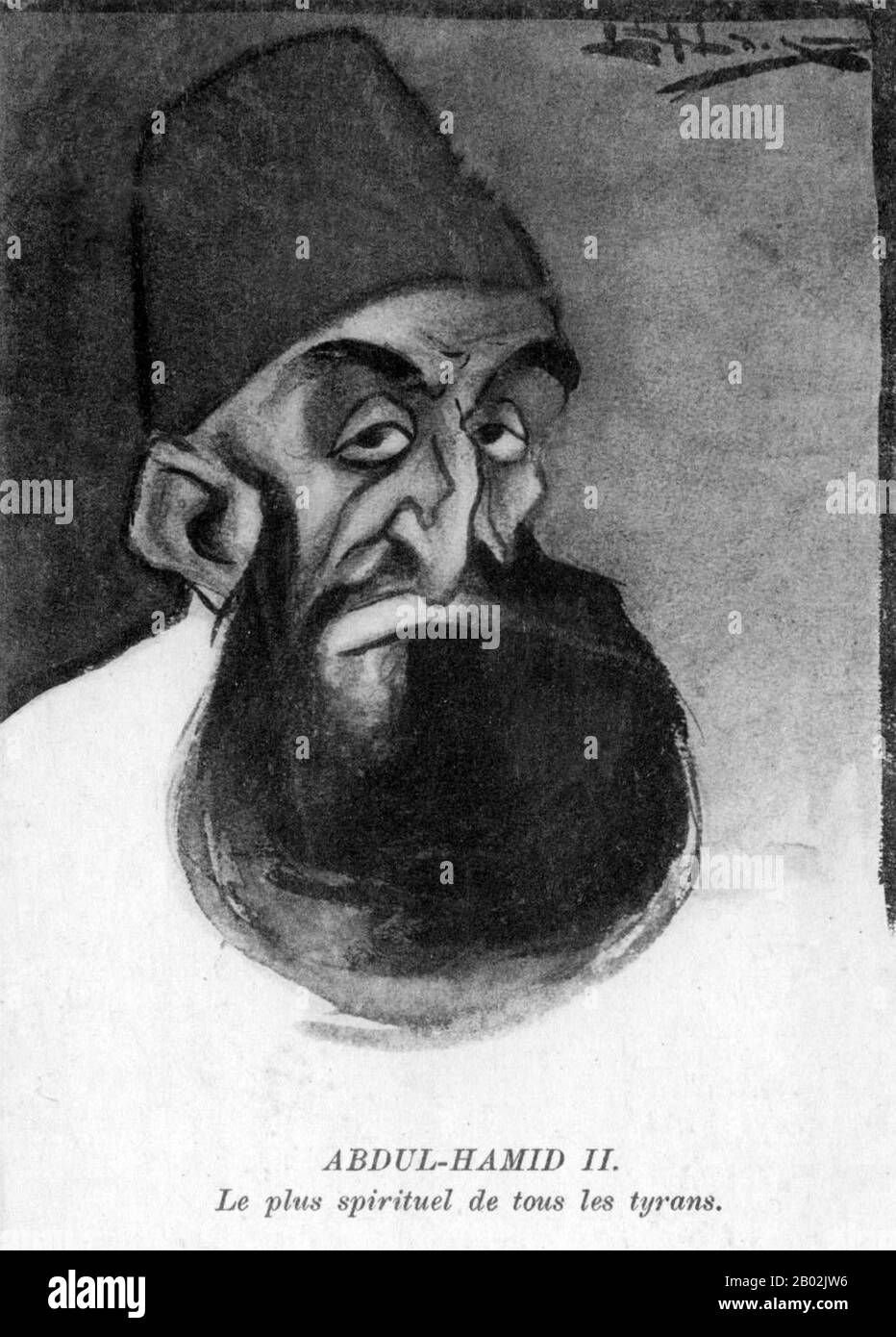 Abdul Hamid II (turco otomano: عبد الحميد ثانی, 'Abdü’l-Ḥamīd-i sânî; turco: İkinci Abdülhamit; 22 de septiembre de 1842 – 10 de febrero de 1918) fue el 34º Sultán del Imperio Otomano y el último Sultán que ejercía un control autocrático efectivo sobre el estado fracturado. Supervisó un período de decadencia en el poder y la extensión del Imperio, incluyendo pogromos generalizados y masacres del gobierno contra las minorías del Imperio (llamadas las masacres de los Hamidianos después de él), así como un intento de asesinato, Gobernando desde el 31 de agosto de 1876 hasta que fue depuesto poco después de la Revolución de los jóvenes Turcos de 1908, en adelante Foto de stock