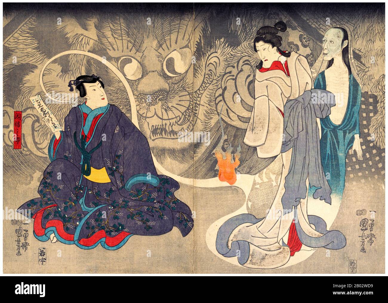 Utagawa Kuniyoshi (1 de enero de 1798 - 14 de abril de 1861) fue uno de los últimos grandes maestros del estilo ukiyo-e japonés de grabados y pintura en bloque de madera. Está asociado con la escuela de Utagawa. La gama de temas preferidos de Kuniyoshi incluía muchos géneros: Paisajes, hermosas mujeres, actores Kabuki, gatos y animales míticos. Es conocido por las representaciones de las batallas de samurai y héroes legendarios. Su obra de arte fue afectada por influencias occidentales en la pintura del paisaje y la caricatura. Foto de stock