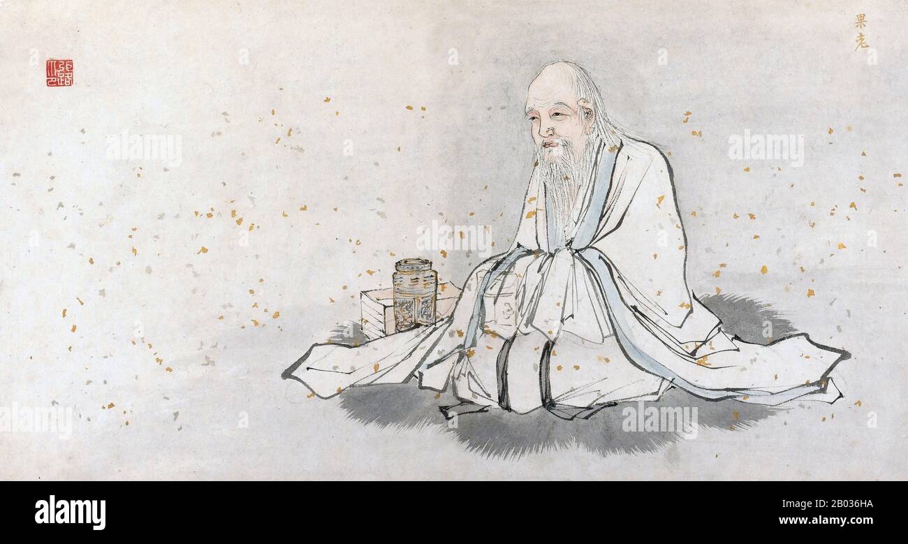 Zhang Guolao, también conocido como Zhang Guo, es una figura histórica y uno de los Ocho Inmortales. Se dice que nació a mediados o finales del siglo VII de la era, durante la dinastía Tang, y fue un 'fangshi' taoista (alquimista ocultista) que vivió como ermitaño en la montaña Zongtiao. Zhang fue retratado con un fuerte amor por el vino y la elaboración del vino, y fue un maestro de 'Qigong' (cultivo de energía vital), capaz de sobrevivir durante días sin comida y sólo unos pocos sorbos de vino. Zhang Guolao afirmó que tenía varios cientos de años cuando la emperatriz Wu Zetian llegó al poder. Él viajó a menudo en el Foto de stock