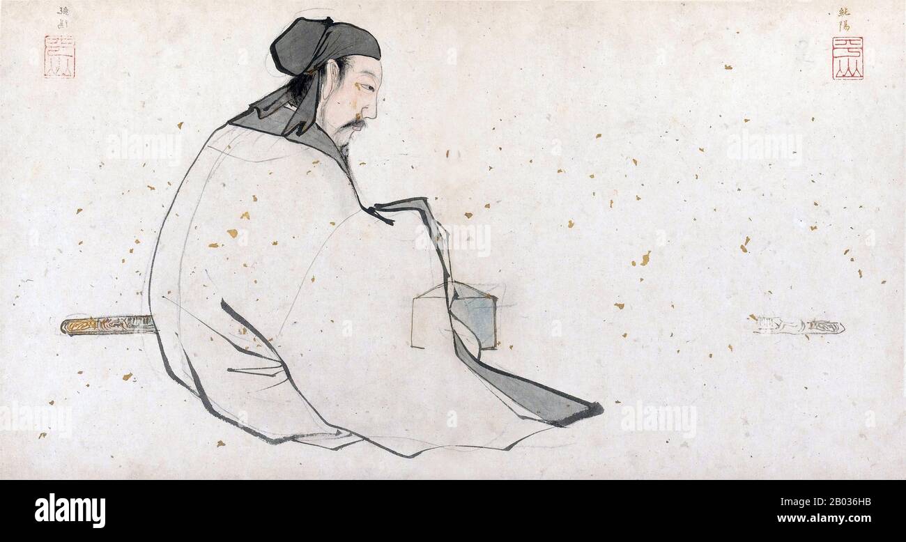 Lu Dongbin, cuyo nombre de nacimiento era Lu Yan y nombre de cortesía Dongbin, es un carácter histórico chino y uno de los más famosos de los Ocho Inmortales, considerado por muchos como el líder de facto. Se le menciona oficialmente en el libro de historia "Historia de la canción", y a menudo fue representado como un hombre inteligente y erudito con un deseo genuino de ayudar a la gente estropeada por defectos como su filandría, sus buijos de embriaguez y su breve temperamento. Lu Dongbin nació durante la Dinastía Tang, en algún momento alrededor del 796 EC, y se dijo que había sido muy inteligente incluso como niño, aunque dos veces falló TH Foto de stock